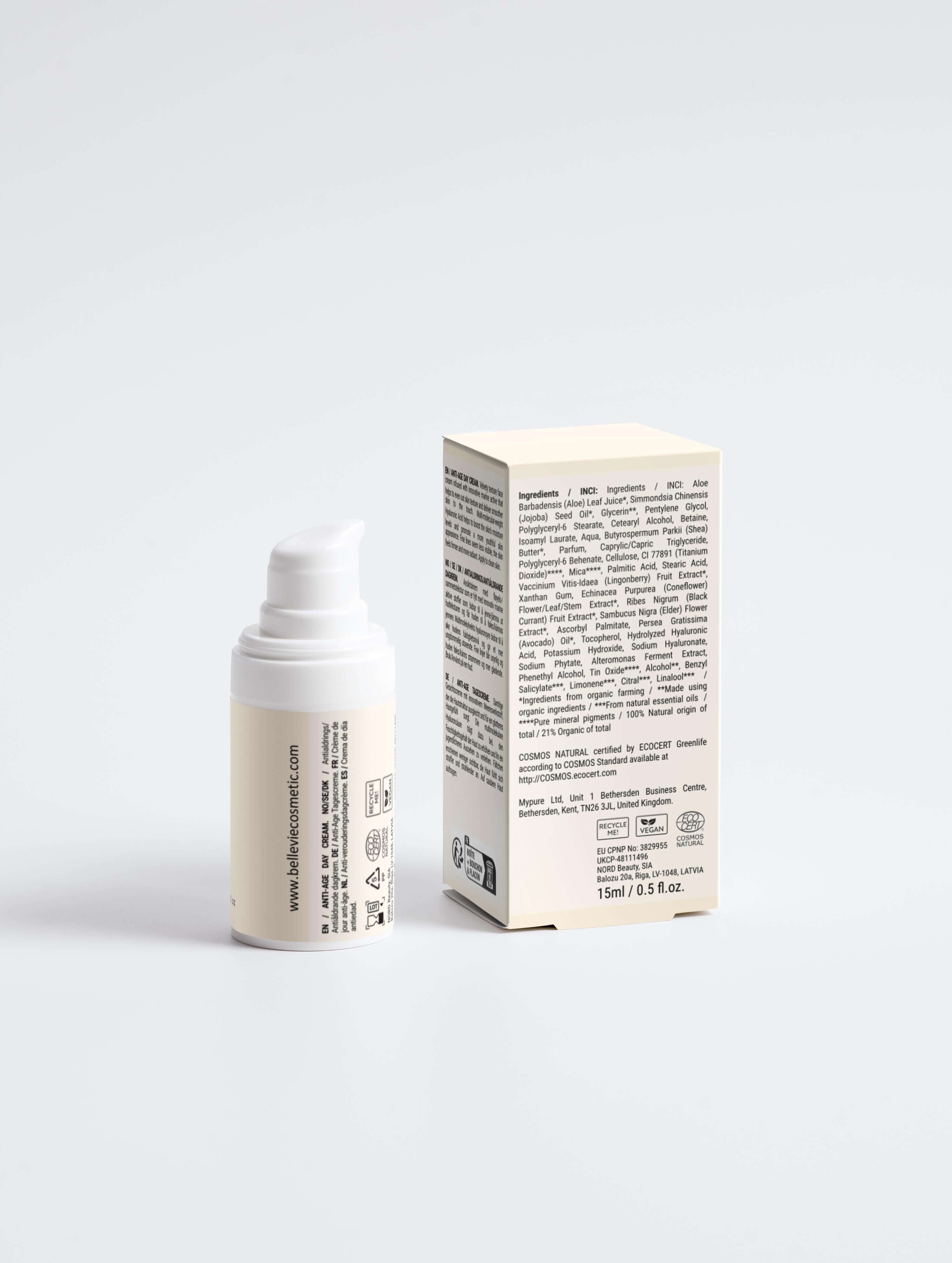 BelleVie Anti-Age Day Cream 15ml – ECOCERT certified, full ingredient list, vegan, EU-made, 0.5 fl oz