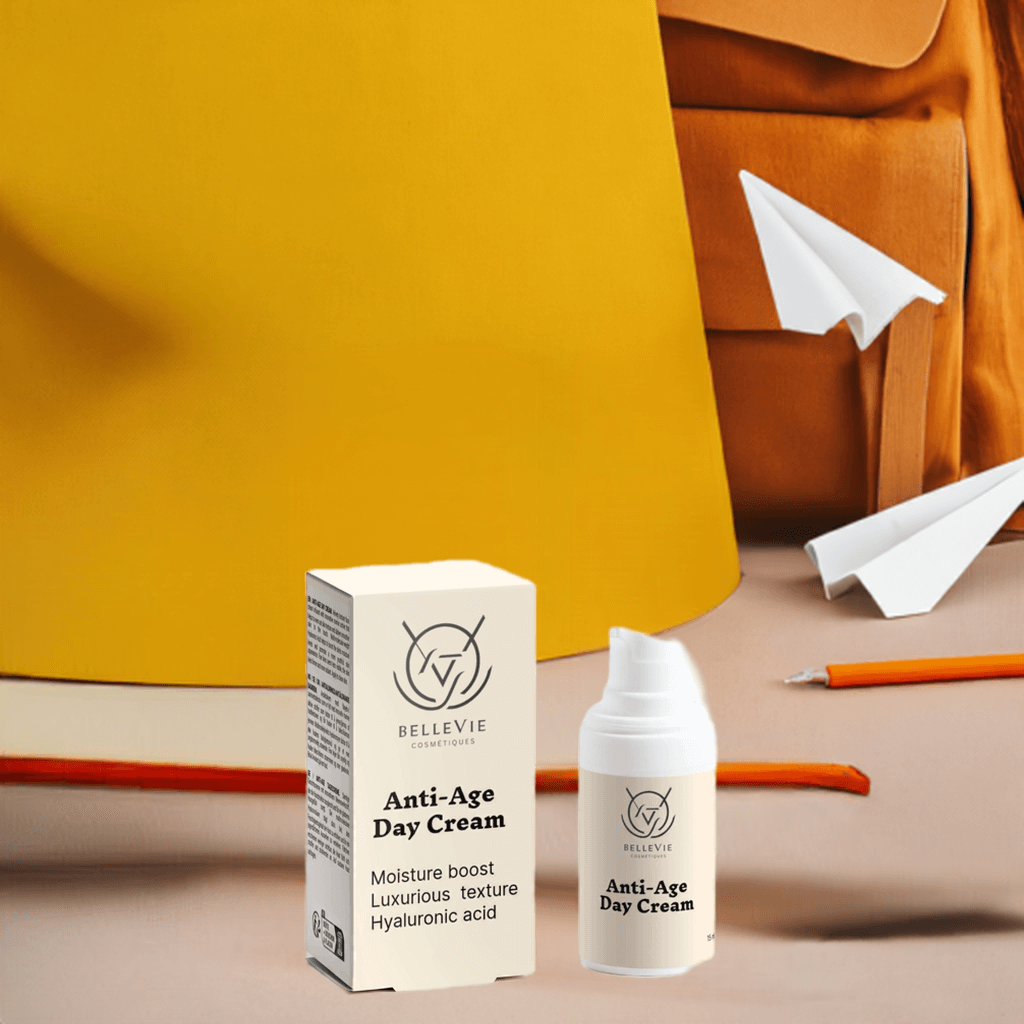 BelleVie Anti-Age Day Cream 15ml and box next to travel bag – best travel-size anti-aging cream
