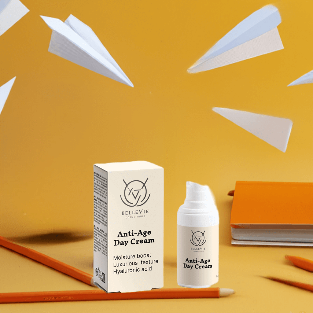 BelleVie Anti-Age Day Cream 15ml box and pump bottle – anti-aging moisturiser for mature and dry skin
