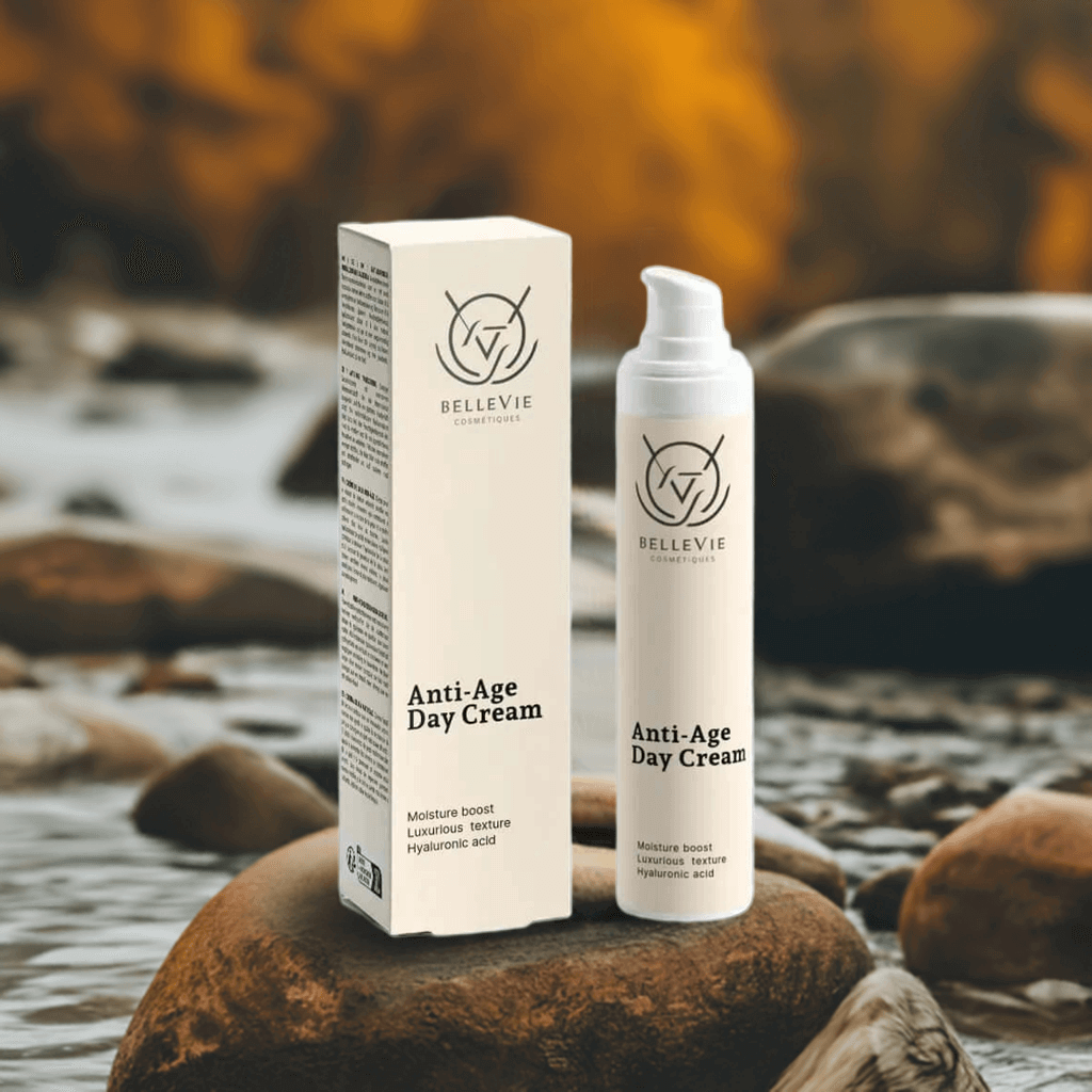 Anti-Age Day Cream Moisturizer packaging and bottle on a natural rock background