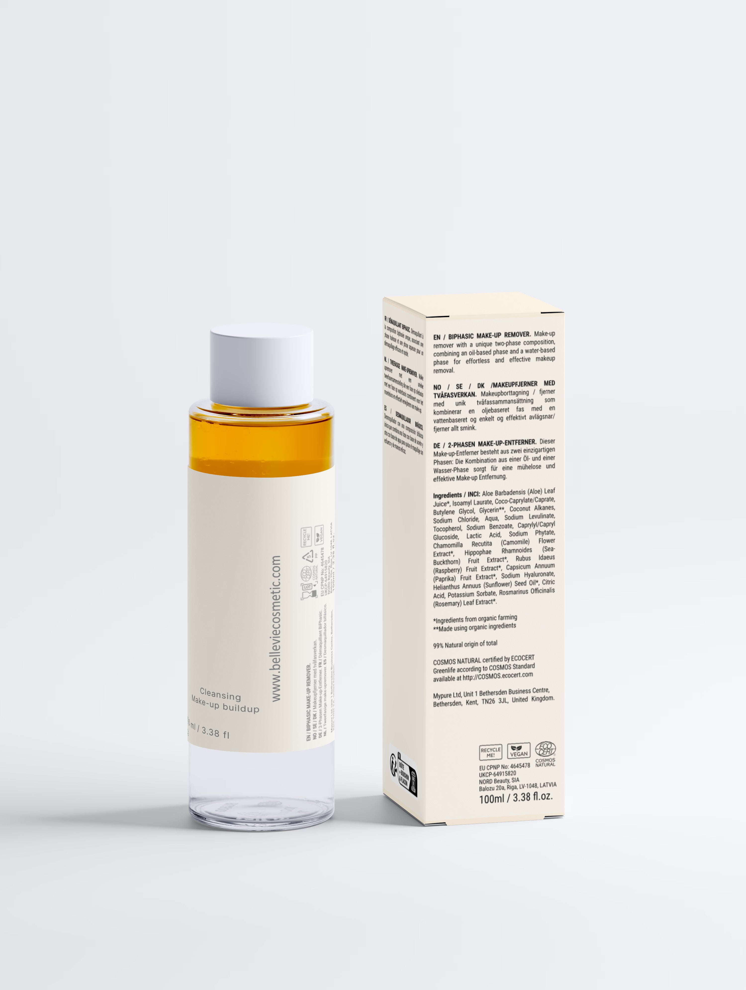 BelleVie BiPhasic Make-up Remover 100ml back of bottle and box on light grey background showing full ingredients list, 99% natural origin, COSMOS Natural certified by ECOCERT, belleviecosmetic.com, 100ml / 3.38 fl oz