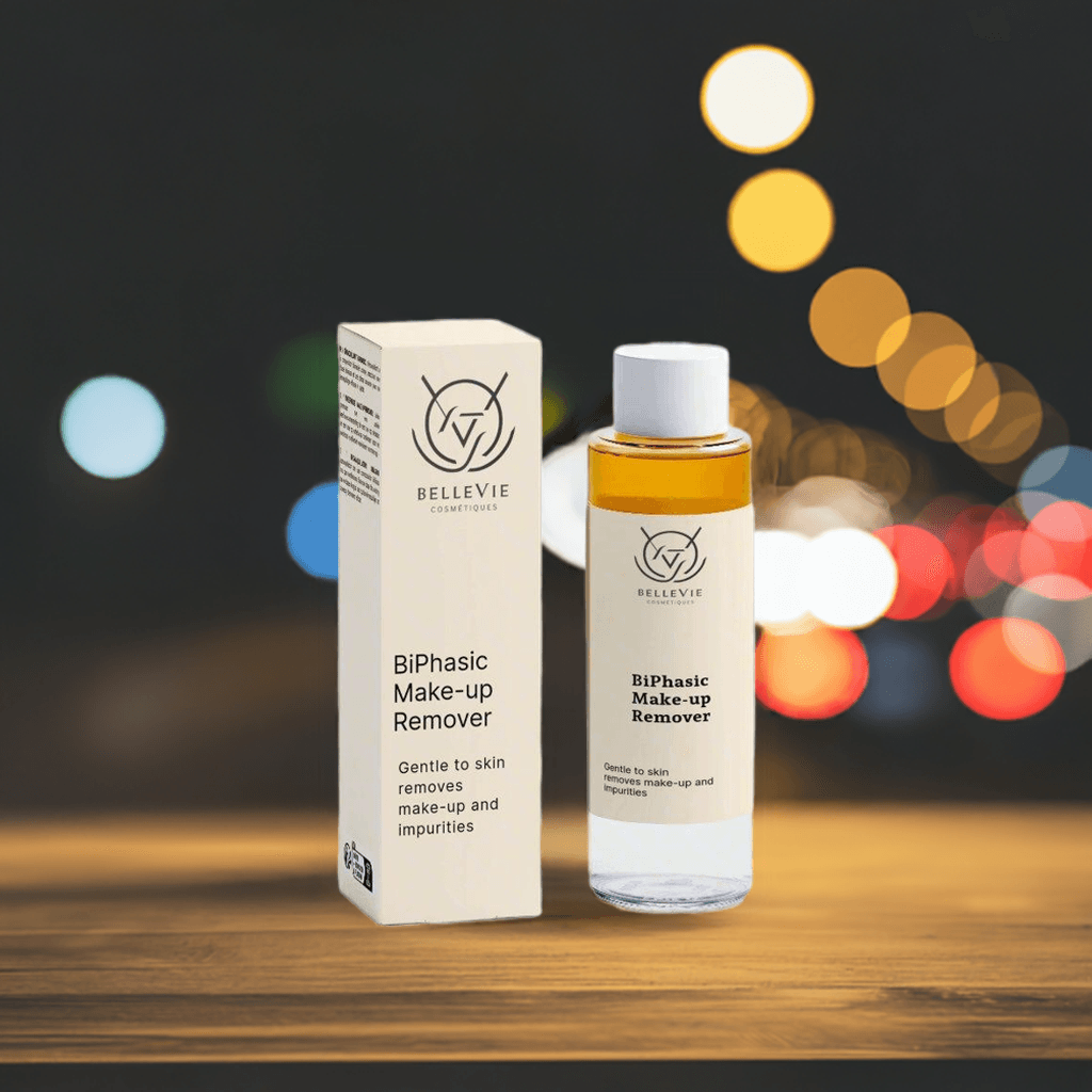 BelleVie BiPhasic Make-up Remover 100ml clear glass bottle and white box on wooden table with colourful night bokeh background, gentle to skin, removes make-up and impurities, vegan