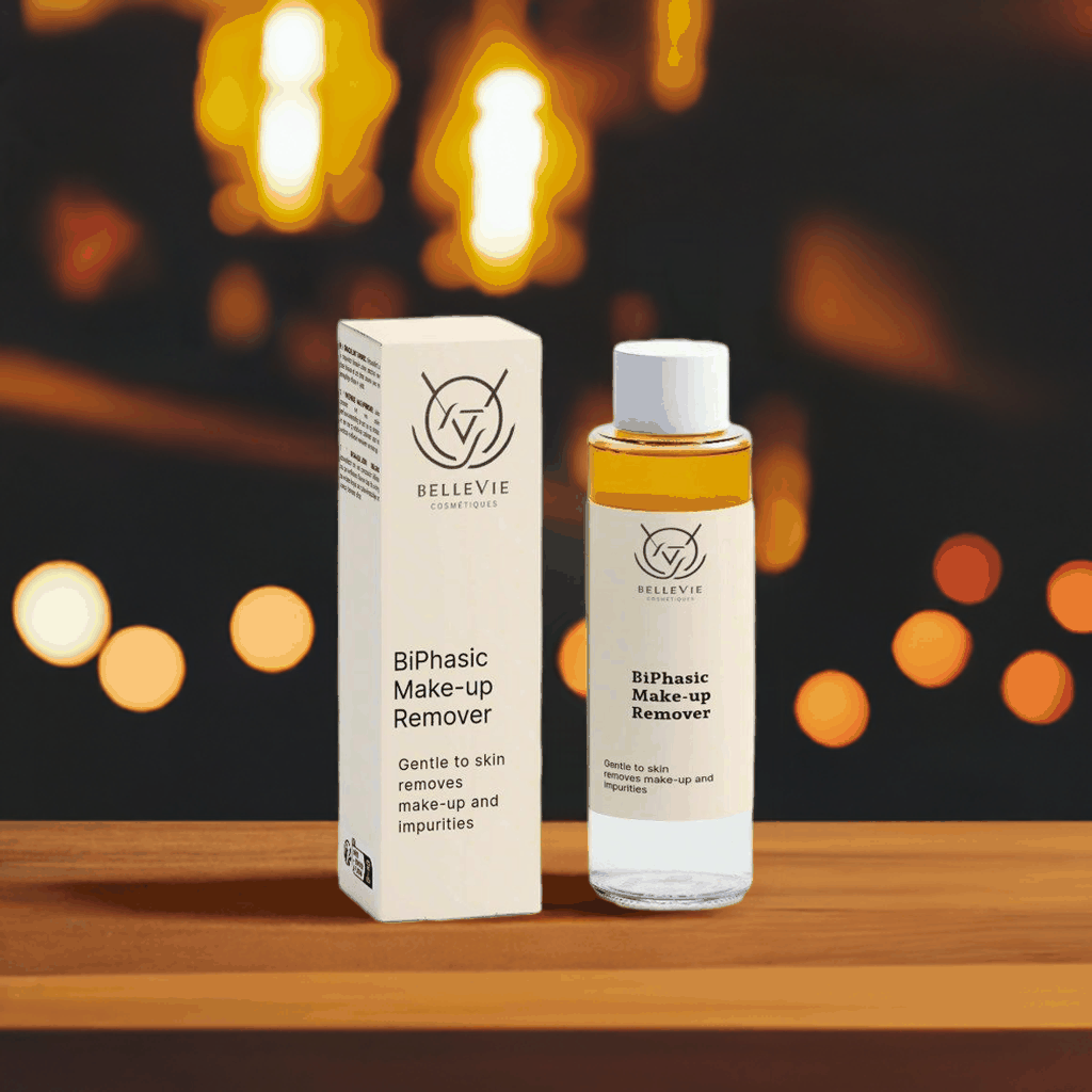 BelleVie BiPhasic Make-up Remover 100ml clear glass bottle and white box on wooden table with warm bokeh lights background, gentle to skin, removes make-up and impurities, vegan