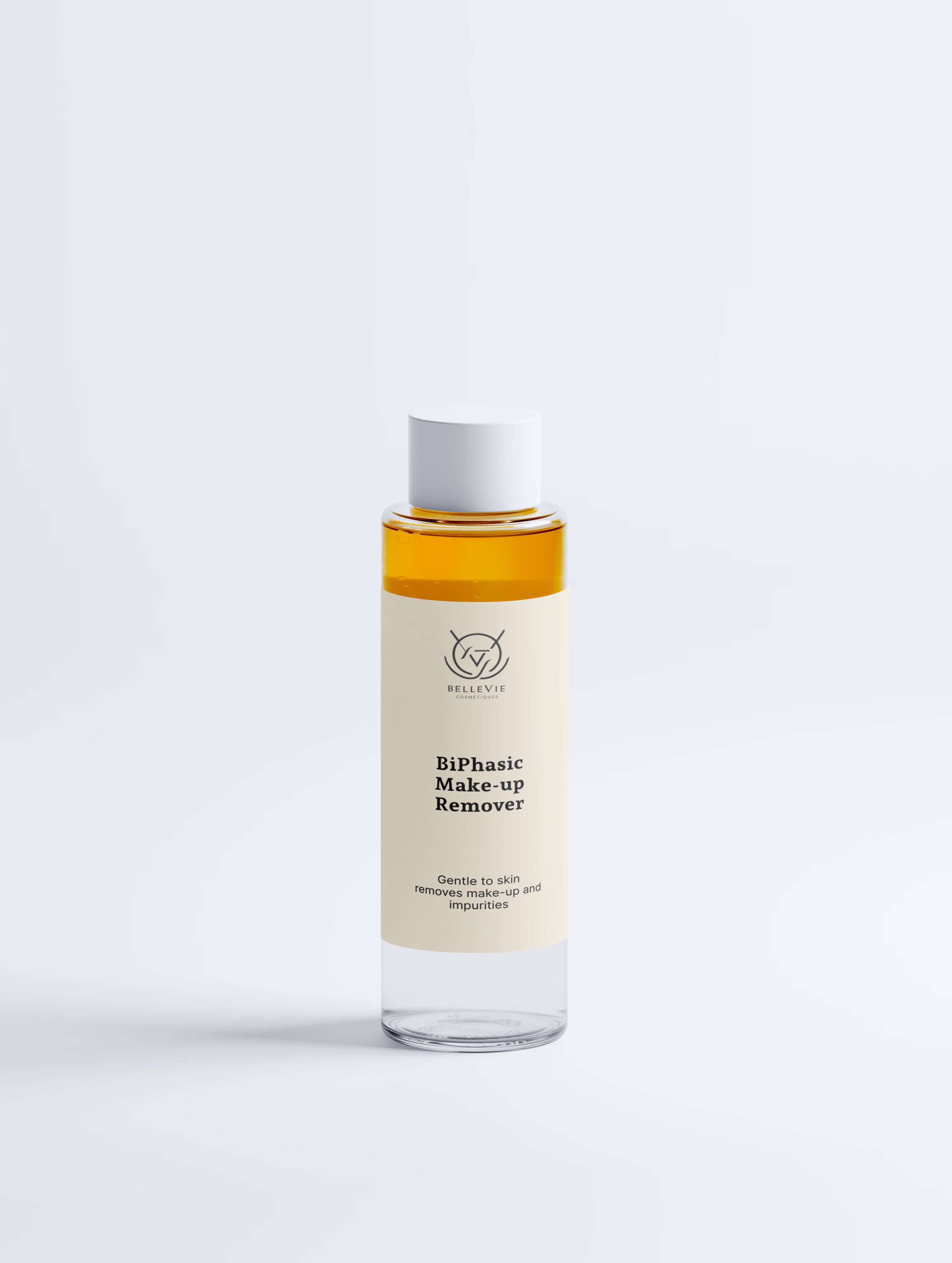 BelleVie BiPhasic Make-up Remover 100ml clear glass bottle close-up on light grey background showing two-phase formula, oil phase and water phase, gentle waterproof makeup remover