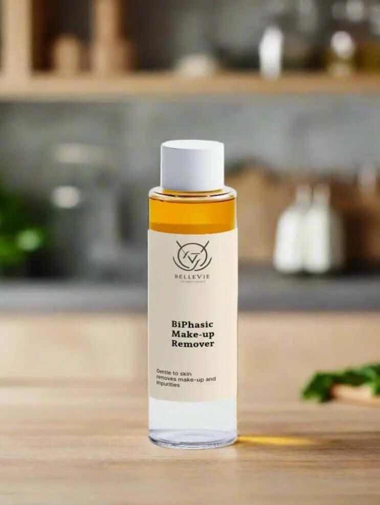 BelleVie BiPhasic Make-up Remover 100ml clear glass bottle on wooden kitchen counter with blurred shelves background, gentle to skin, removes make-up and impurities, best natural makeup remover