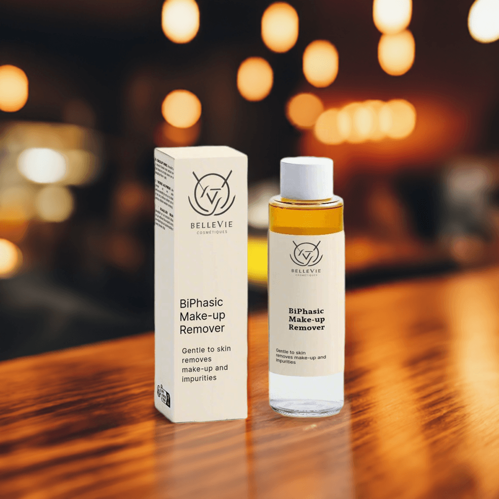BelleVie BiPhasic Make-up Remover 100ml clear glass bottle on wooden kitchen counter with blurred shelves background, gentle to skin, removes make-up and impurities, best natural makeup remover