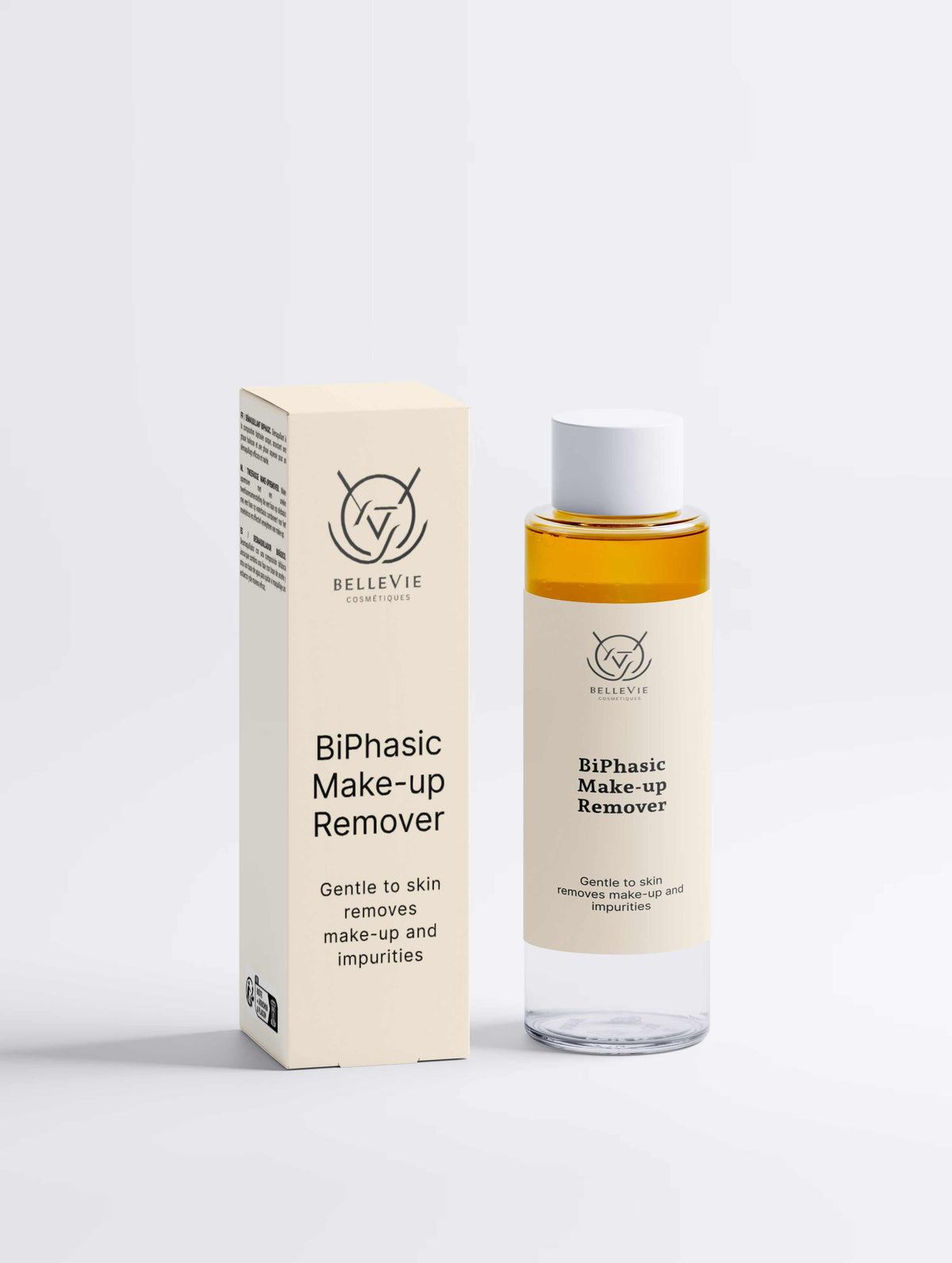BiPhasic Make-up Remover in a clear cylindrical bottle with white cap and amber-and-clear liquid, beside a cream box.