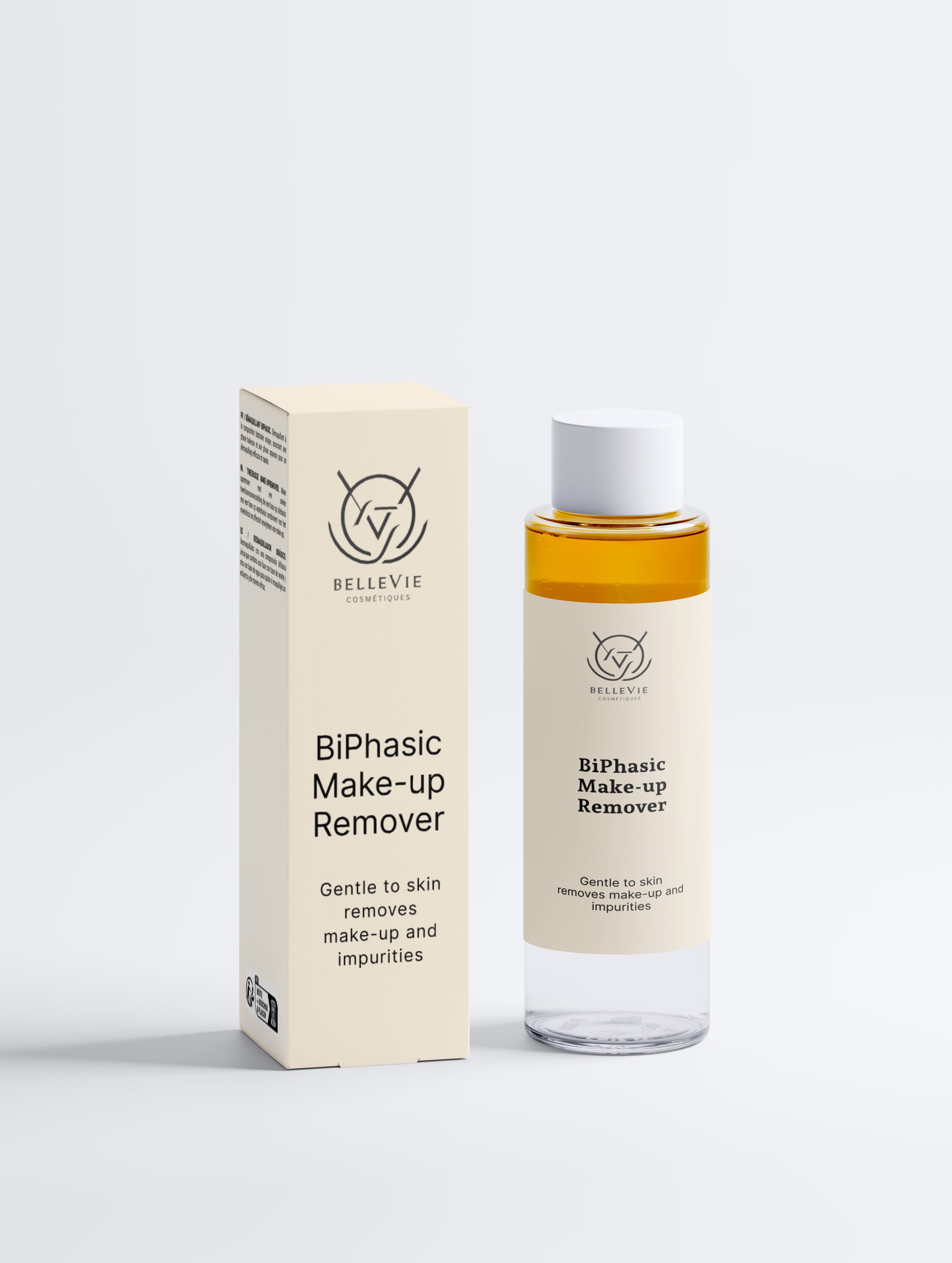 BelleVie BiPhasic Make-up Remover 100ml clear glass bottle with white cap on light grey background, gentle to skin, removes make-up and impurities, vegan, COSMOS Natural certified