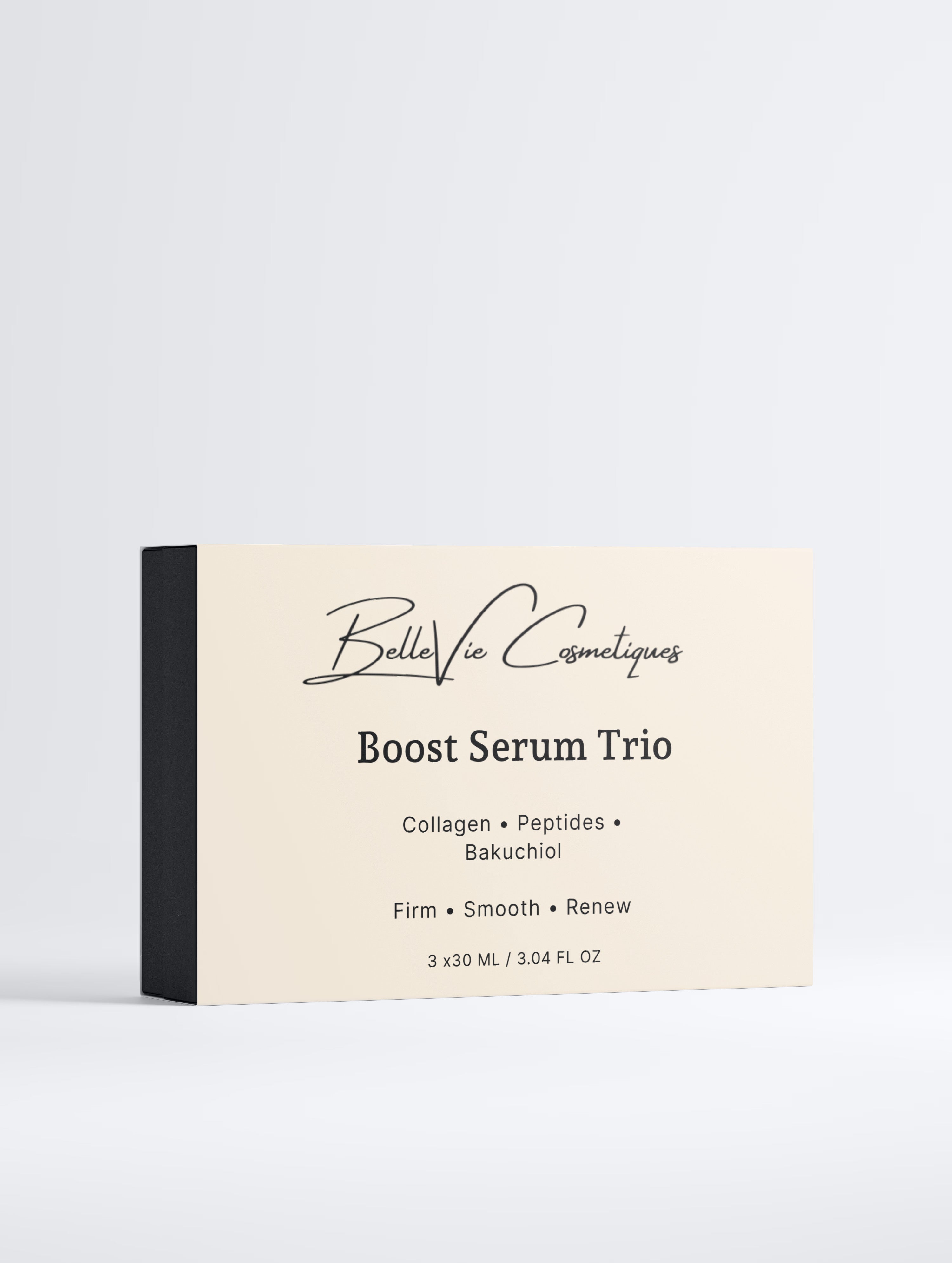 BelleVie Boost Serum Trio cream-coloured gift box front view on light grey background, Collagen, Peptides, Bakuchiol, Firm, Smooth, Renew, 3x30ml / 3.04 fl oz, best anti-aging serum gift set UK