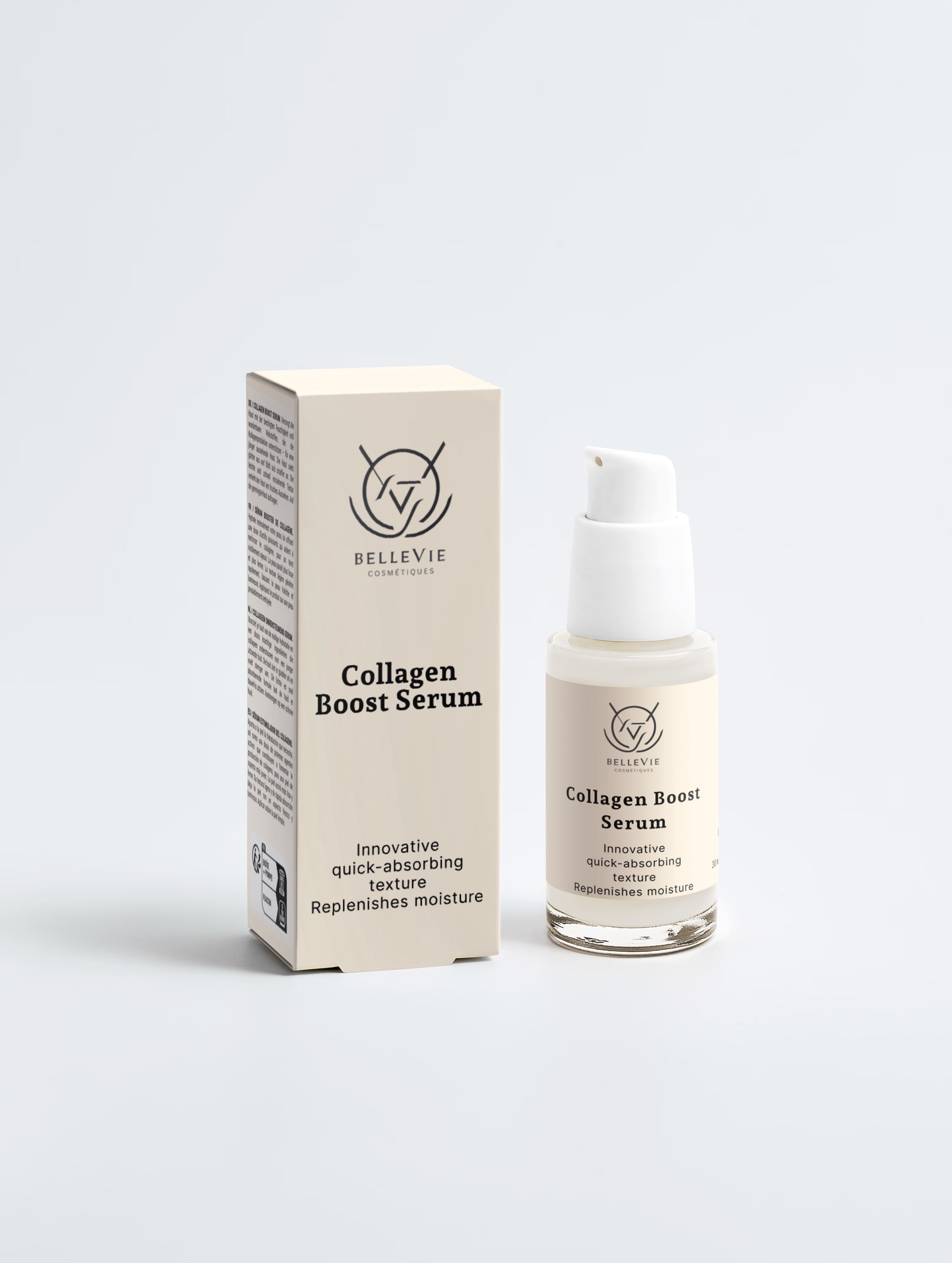 BelleVie Boost Serum Trio gift box open showing three serum bottles inside on light grey background, Collagen, Peptides, Bakuchiol, premium skincare gift set for mature and sensitive skin