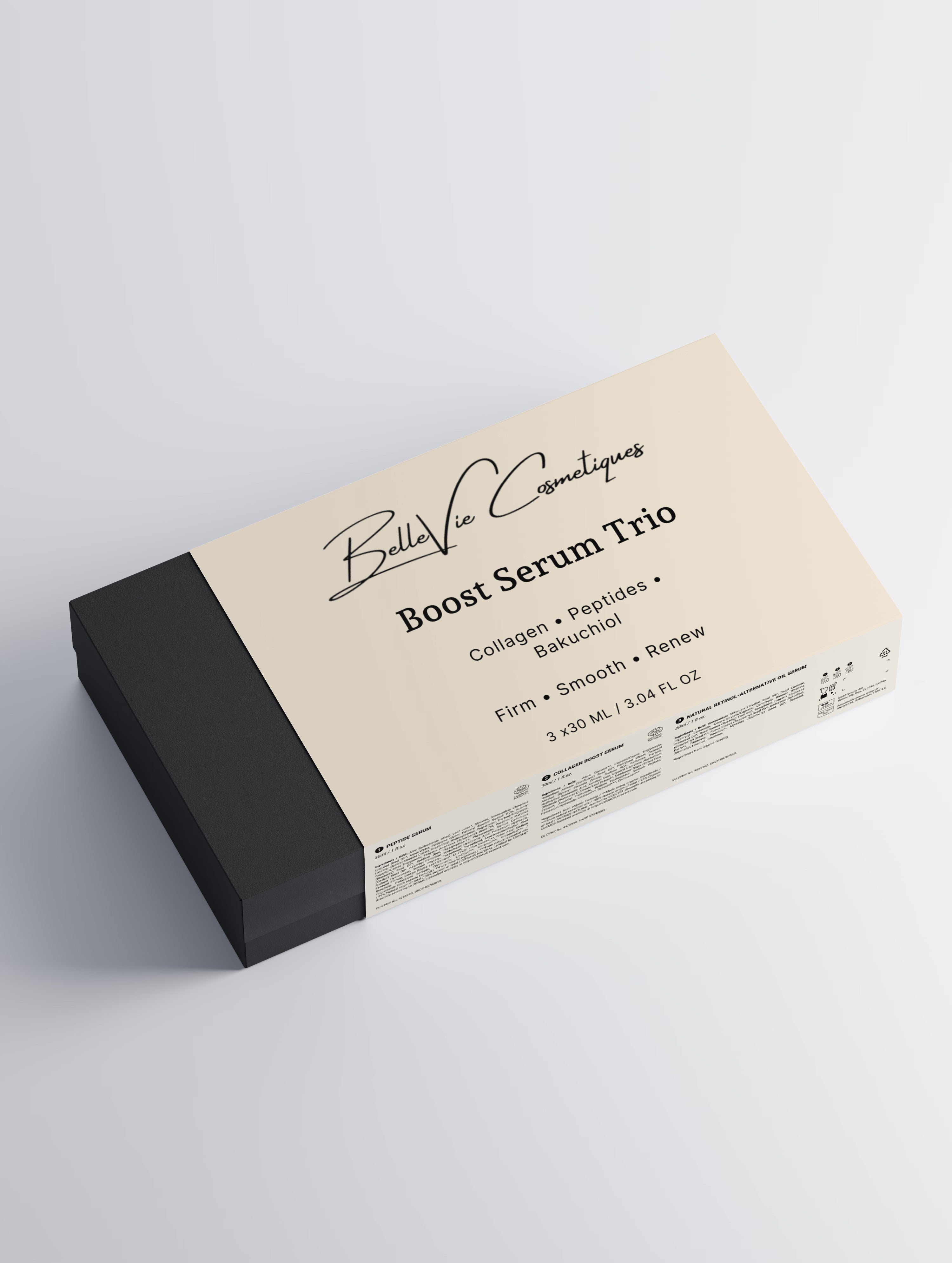 BelleVie Boost Serum Trio three serum bottles and boxes arranged together on light grey background, Collagen Boost Serum, Peptide Anti-Aging Serum, Natural Retinol-Alternative Oil Serum, vegan, EU-made, best anti-aging serum set