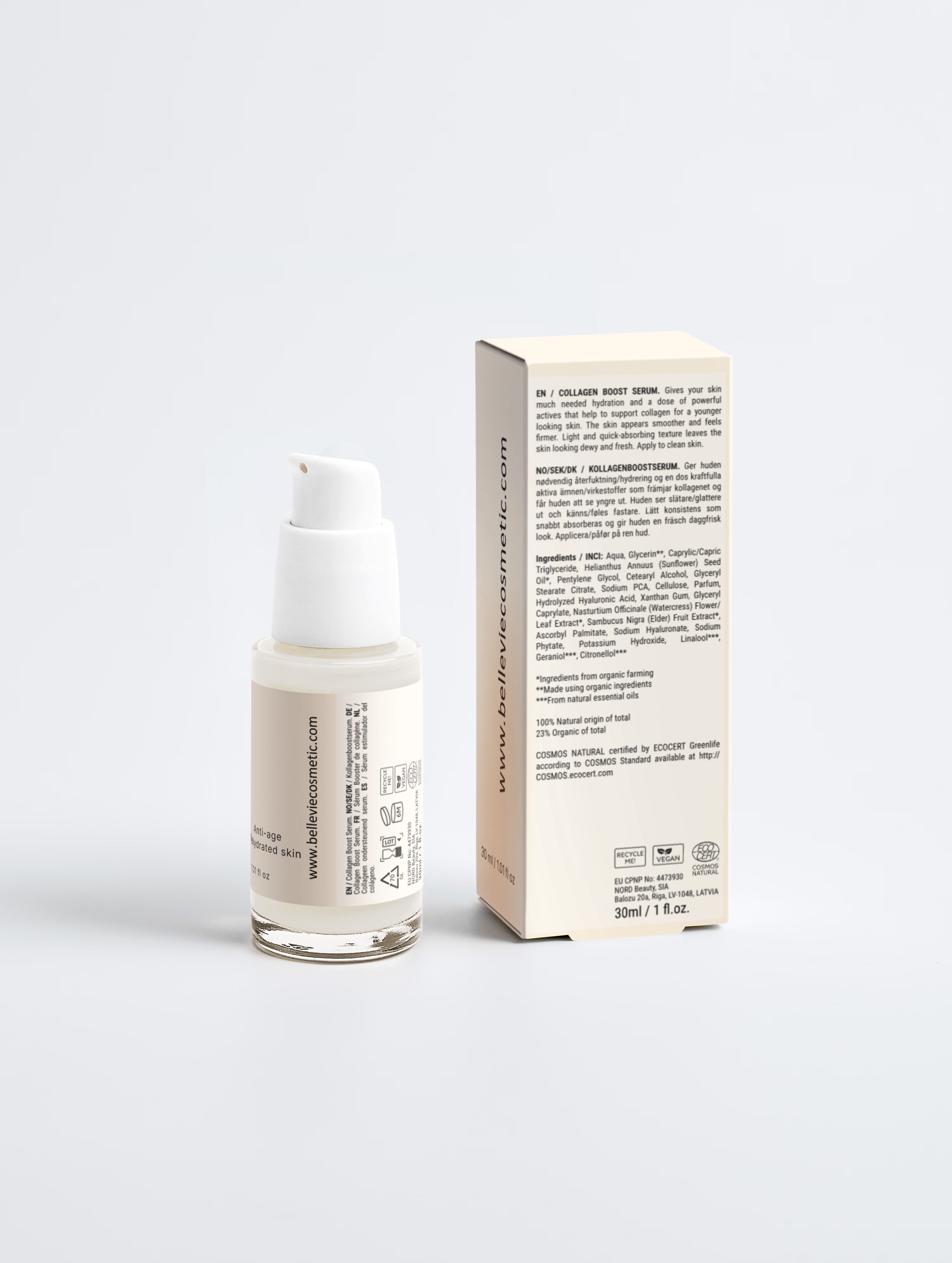 BelleVie Boost Serum Trio three serum bottles close-up on light grey background, Collagen Boost Serum, Peptide Anti-Aging Serum, Natural Retinol-Alternative Oil Serum, ECOCERT certified, vegan, EU-made