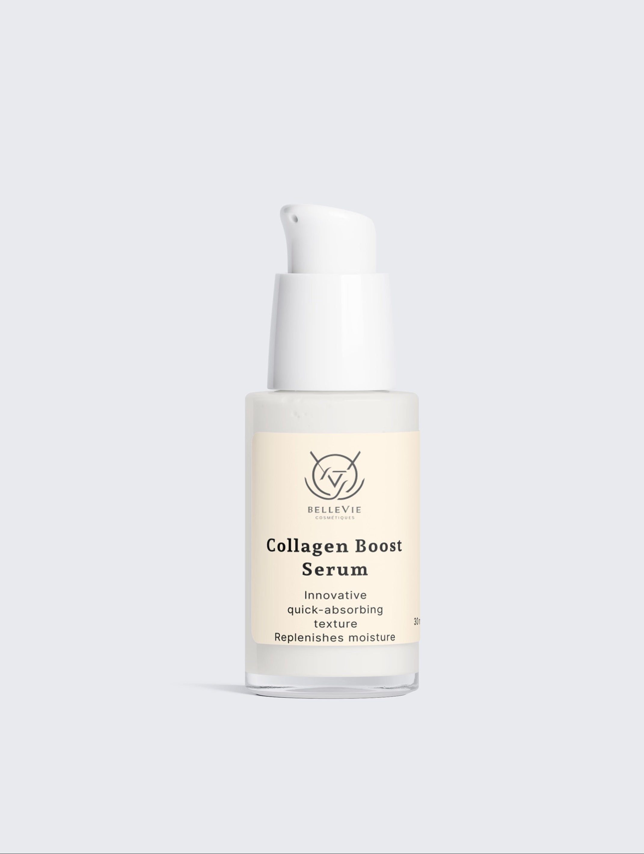 BelleVie Collagen Boost Serum 30ml clear pump bottle on light grey background, innovative quick-absorbing texture, replenishes moisture, supports firmer smoother skin, 30ml
