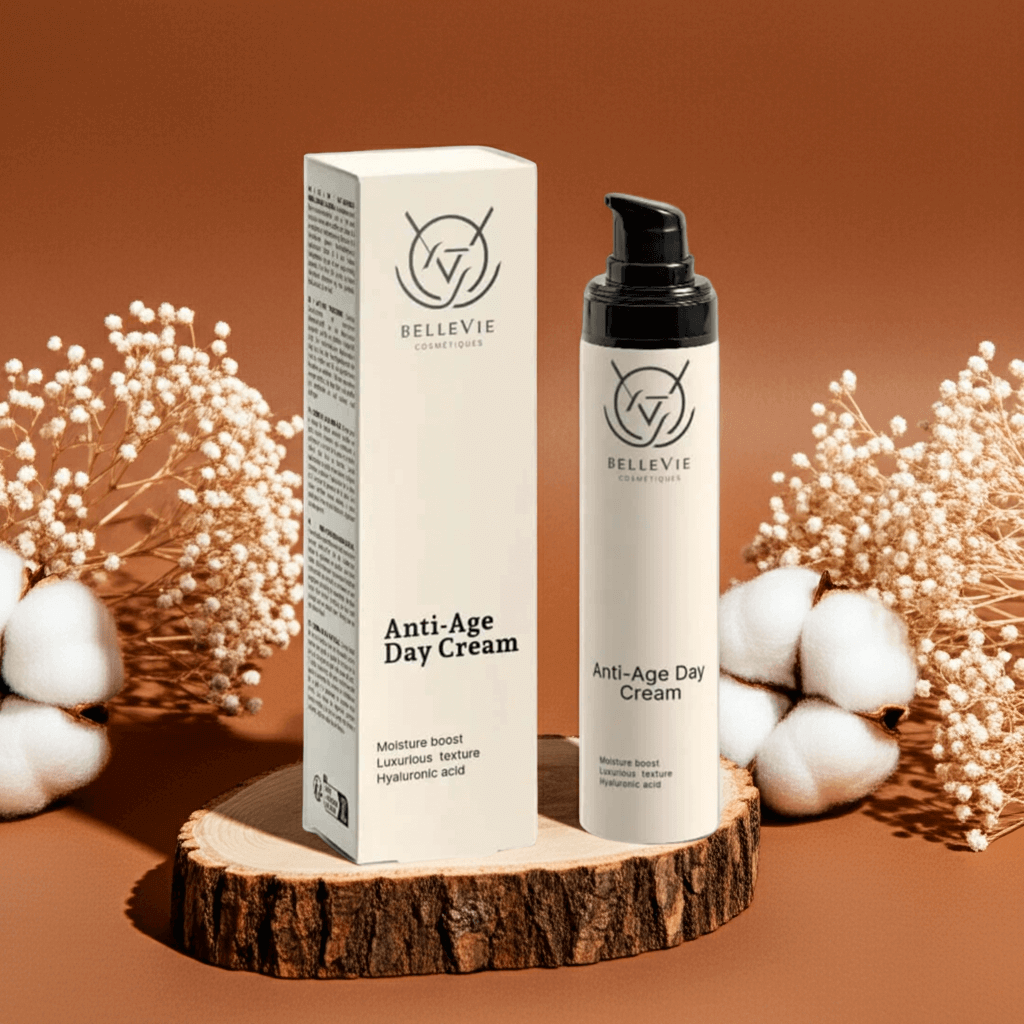 Anti-Age Day Cream 50ml with packaging on a wooden stand against a brown background with cotton flowers.