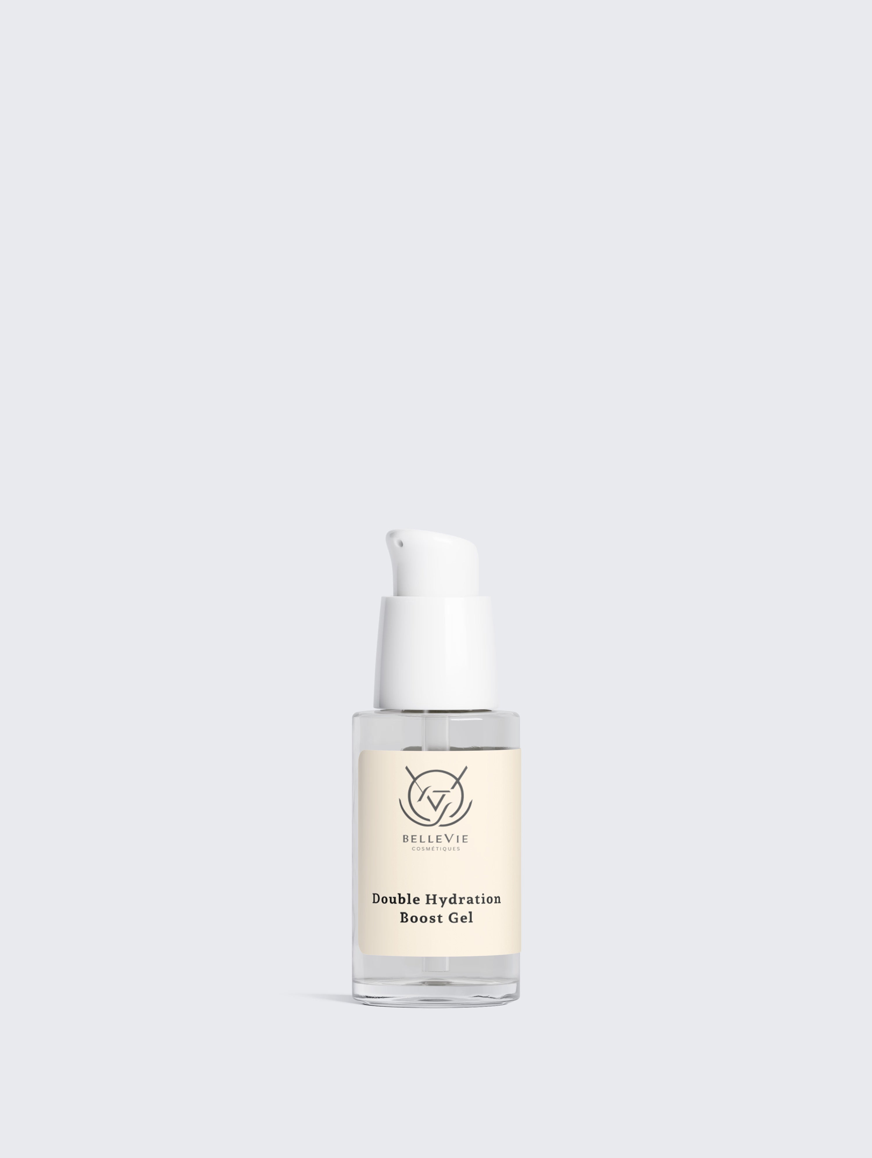 BelleVie Double Hydration Boost Gel 30ml clear pump bottle close-up on light grey background – lightweight oil-free gel moisturiser for combination and dehydrated skin