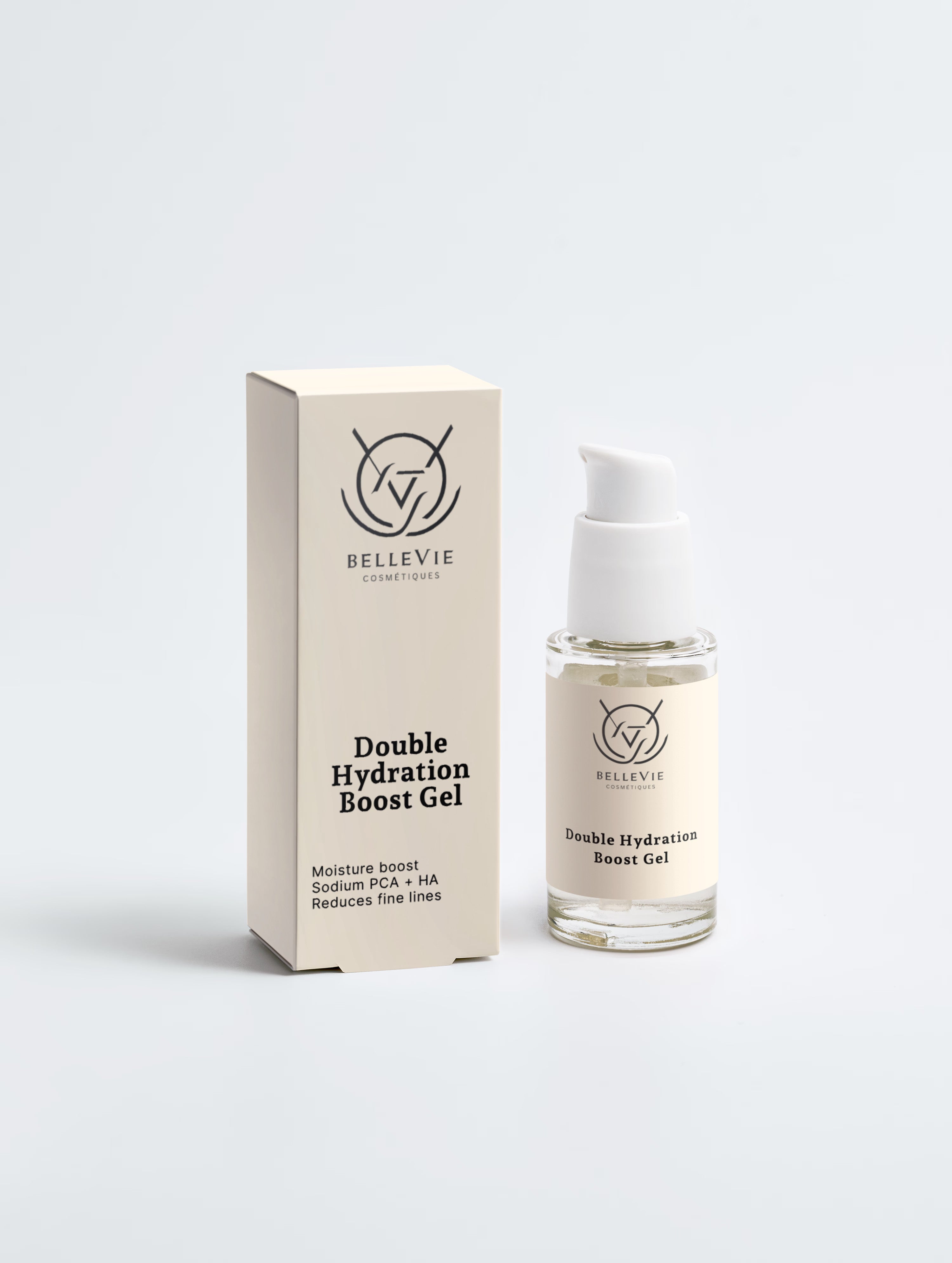 BelleVie Double Hydration Boost Gel 30ml – clear pump bottle with box on white background, Sodium PCA and hyaluronic acid, moisture boost, reduces fine lines – oil-free hydrating gel for dehydrated skin