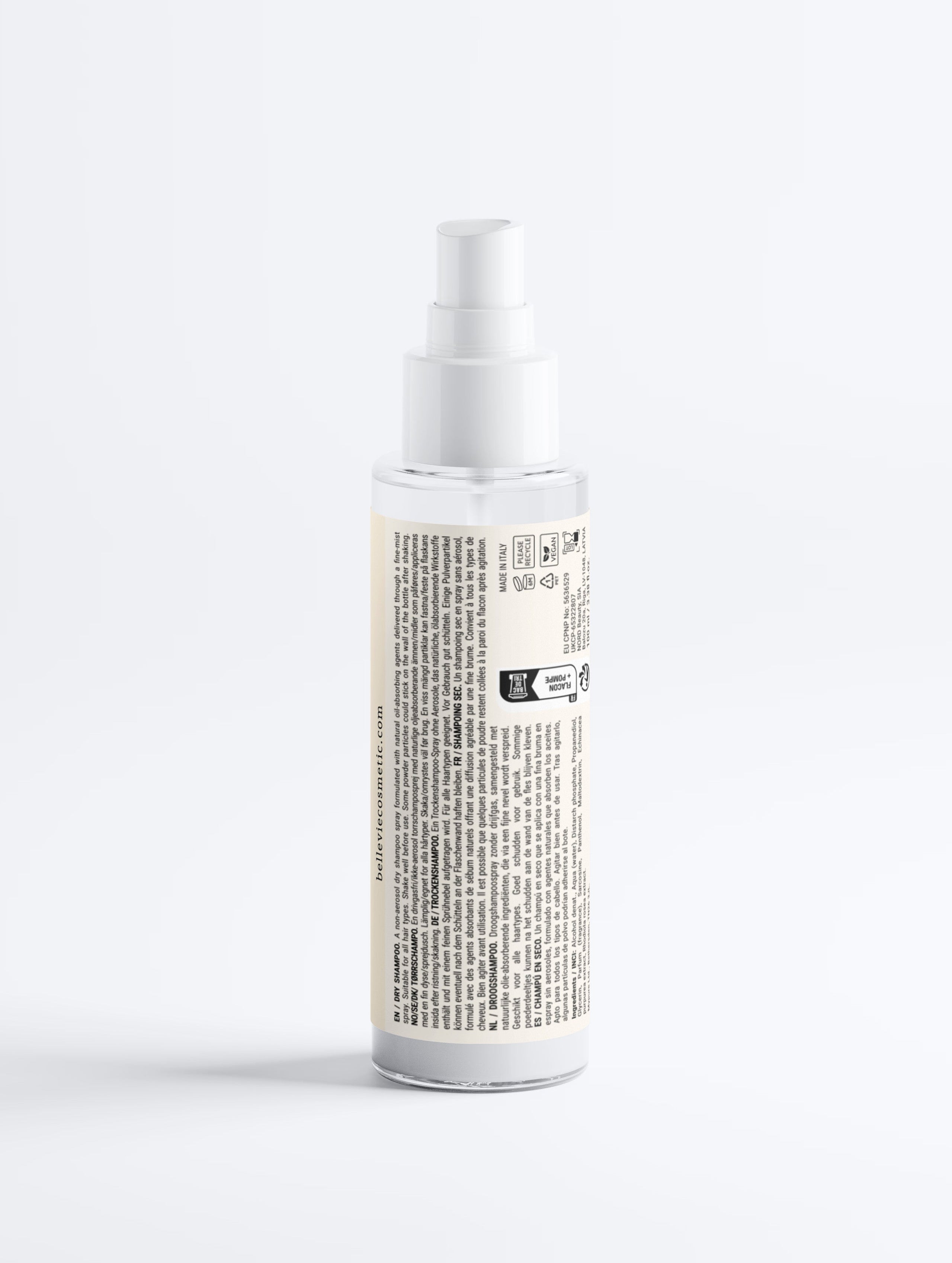 BelleVie Dry Shampoo Spray 150ml - transparent formula for all hair types, vegan, ECOCERT certified, EU-made