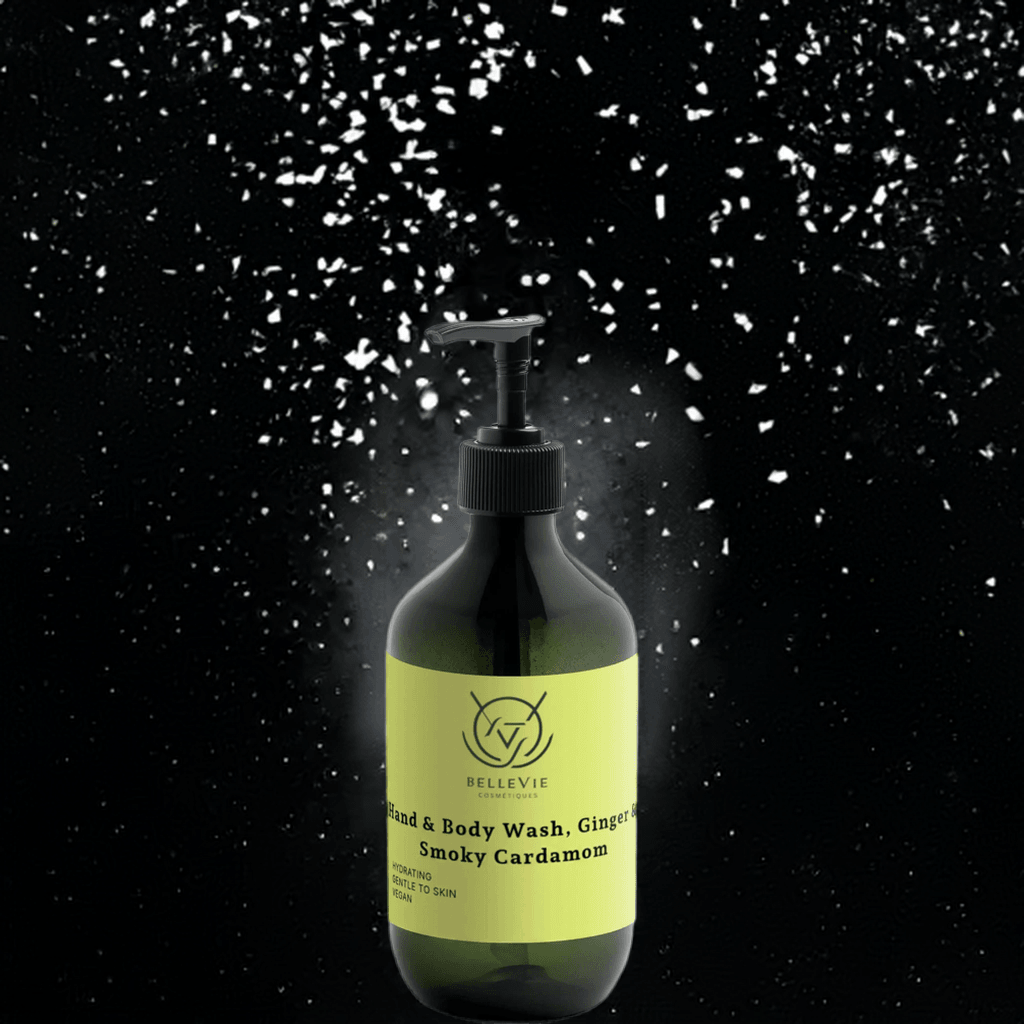 BelleVie Ginger and Smoky Cardamom Hand and Body Wash 490ml dark green pump bottle with snowballs on dark background, hydrating, gentle to skin, vegan, sulfate-free body wash