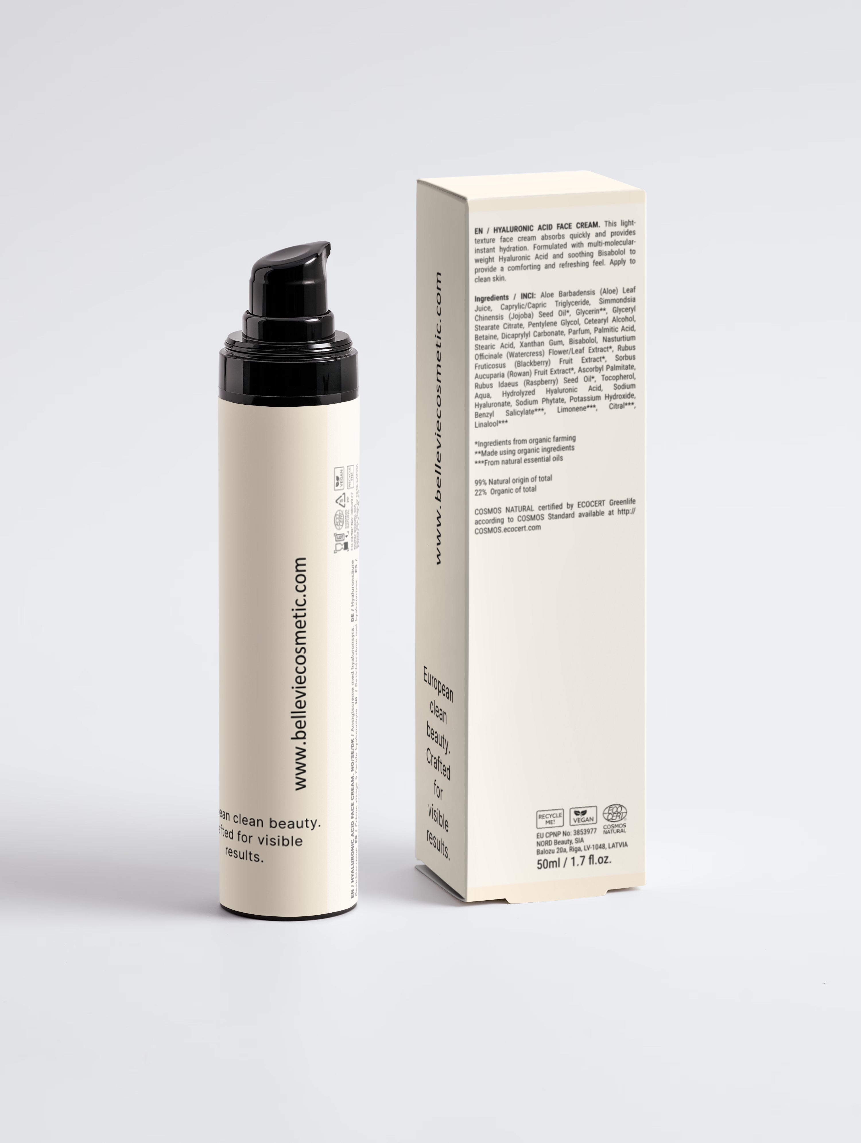 BelleVie Hyaluronic Acid Face Cream for Men 50ml bottle and box back view showing ingredients and COSMOS Natural certification