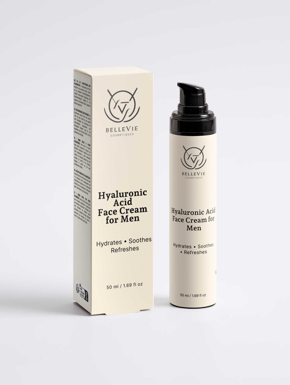 Men’s Hyaluronic Acid face cream in a white 50 ml pump bottle, with a matching cream-coloured carton and black dispenser.
