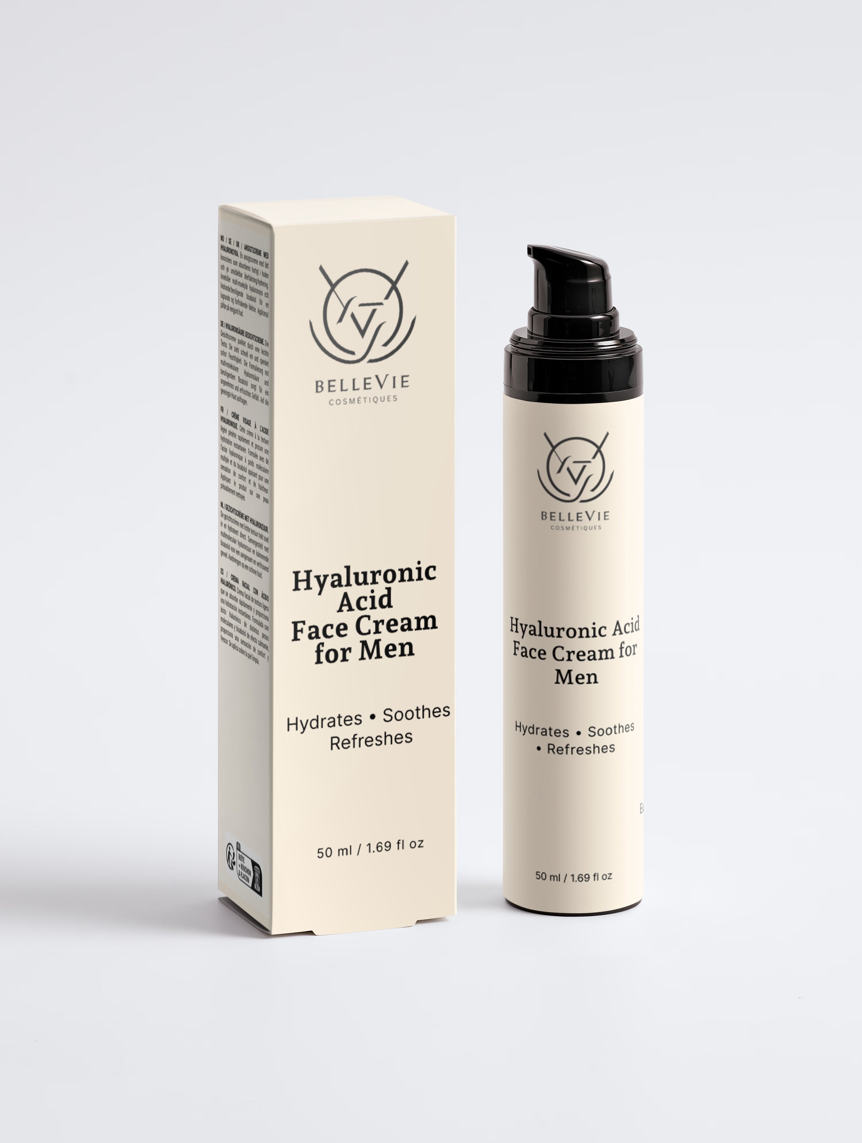 BelleVie Hyaluronic Acid Face Cream for Men 50ml pump bottle and box on light grey background, hydrating daily moisturizer for men