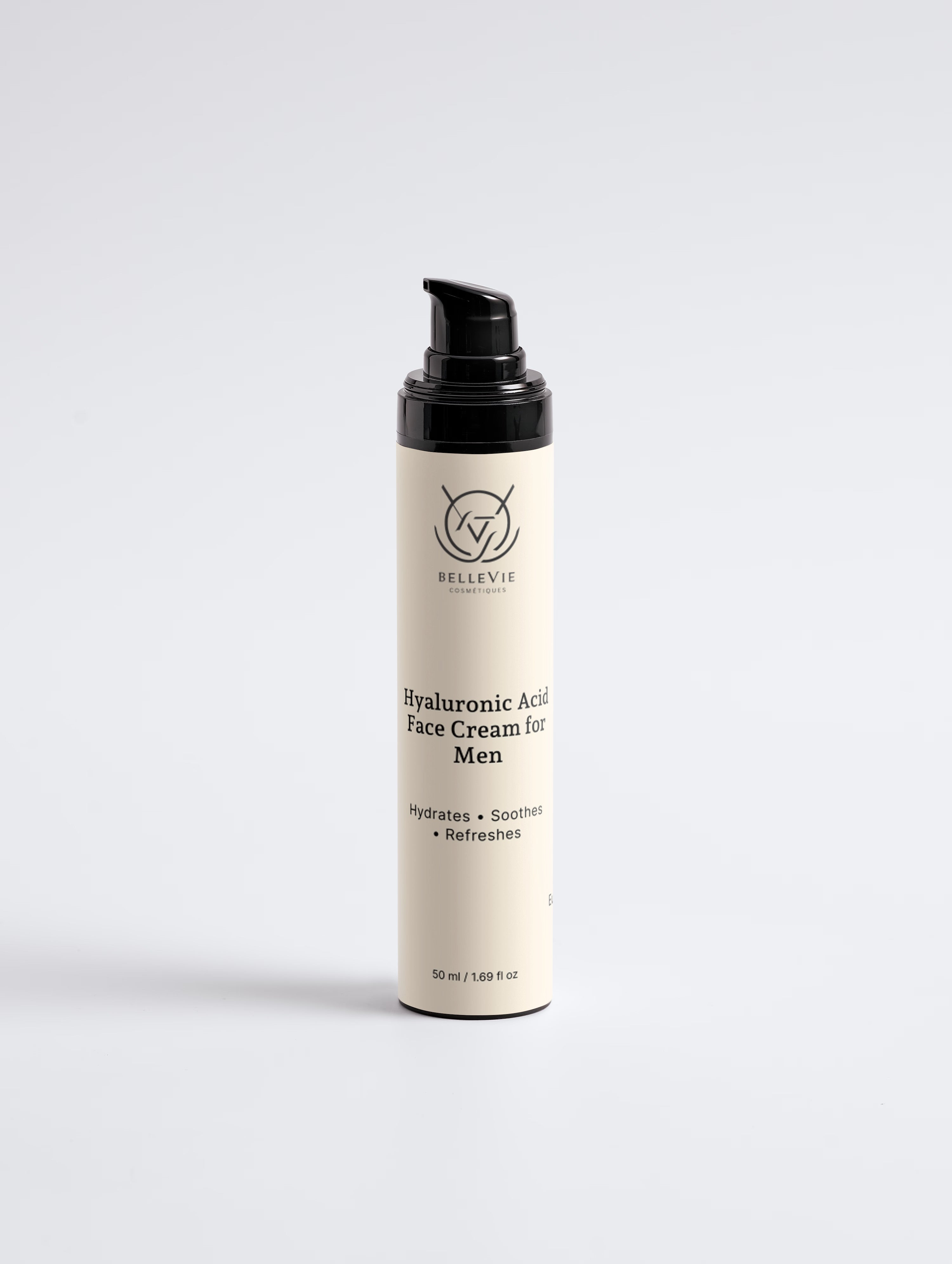 BelleVie Hyaluronic Acid Face Cream for Men 50ml pump bottle on light grey background, lightweight men’s moisturizer with hyaluronic acid