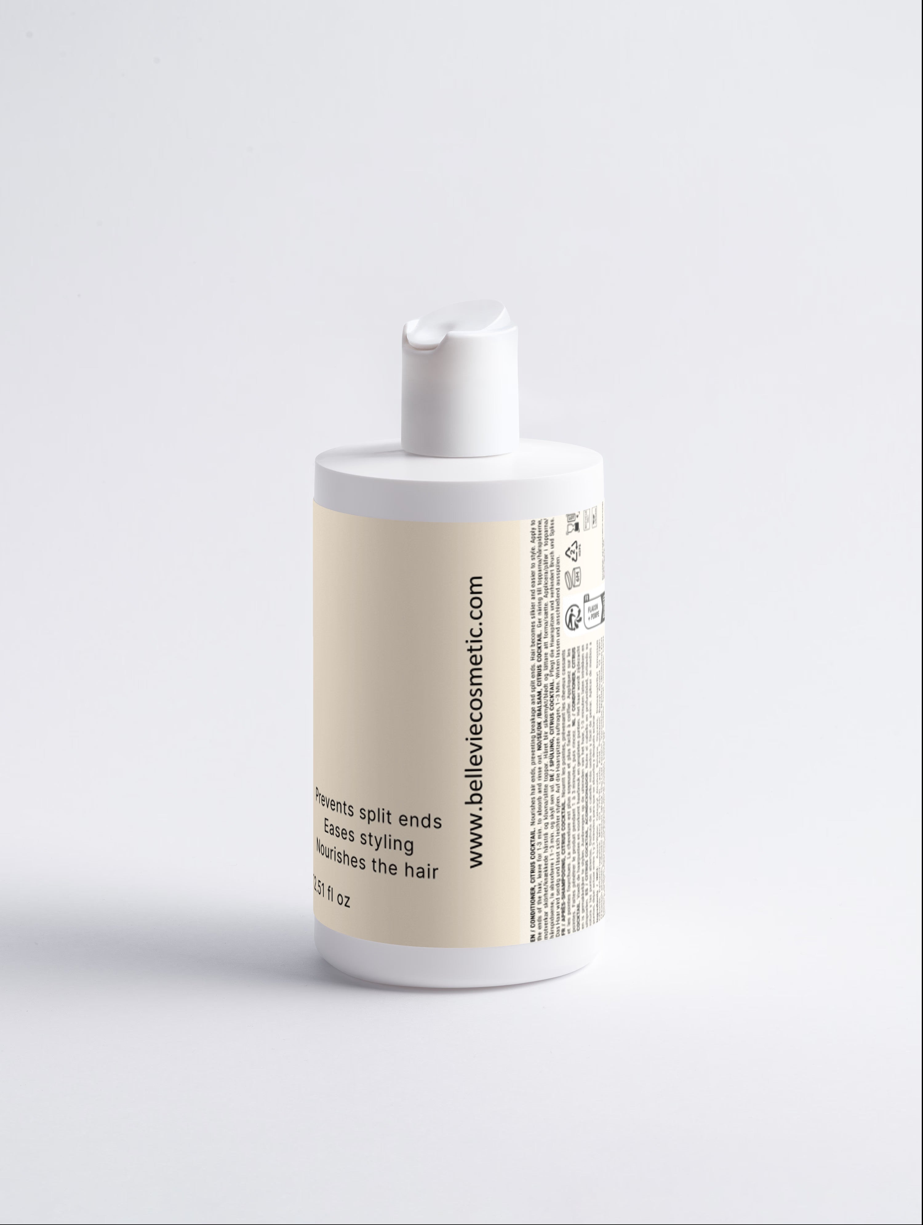 BelleVie Hydrating Conditioner Citrus Cocktail 370ml back of bottle on light grey background showing ingredients list, prevents split ends, eases styling, nourishes the hair, belleviecosmetic.com, EU-made, 370ml / 12.51 fl oz