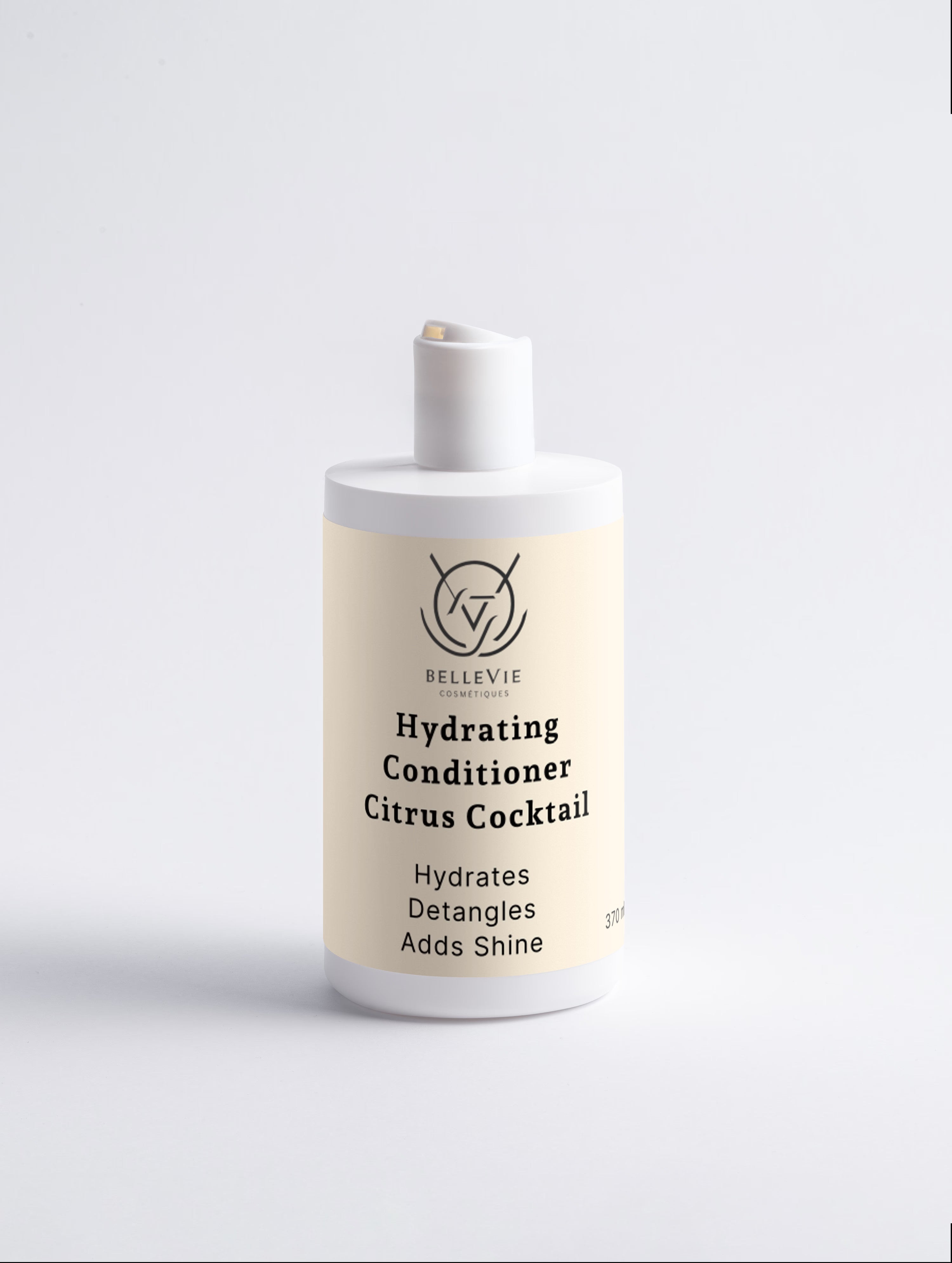 BelleVie Hydrating Conditioner Citrus Cocktail 370ml white pump bottle on light grey background, hydrates, detangles, adds shine, vegan, silicone-free, best conditioner for dry ends and fine hair