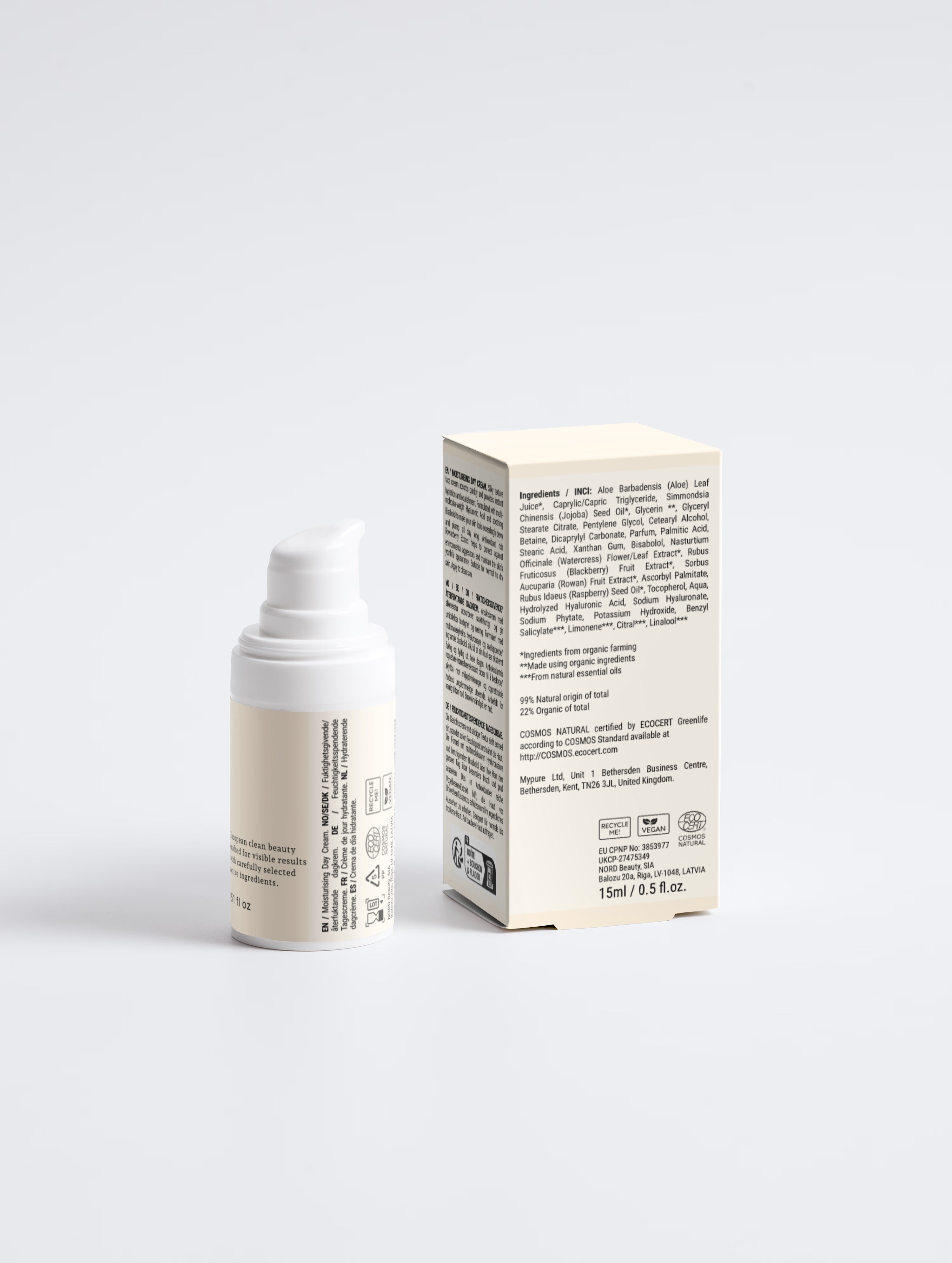 BelleVie Hydrating Day Cream 15ml back of bottle and box on light grey background showing full ingredients list, 99% natural origin, 22% organic, COSMOS Natural certified by ECOCERT, vegan, EU-made, 15ml / 0.5 fl oz