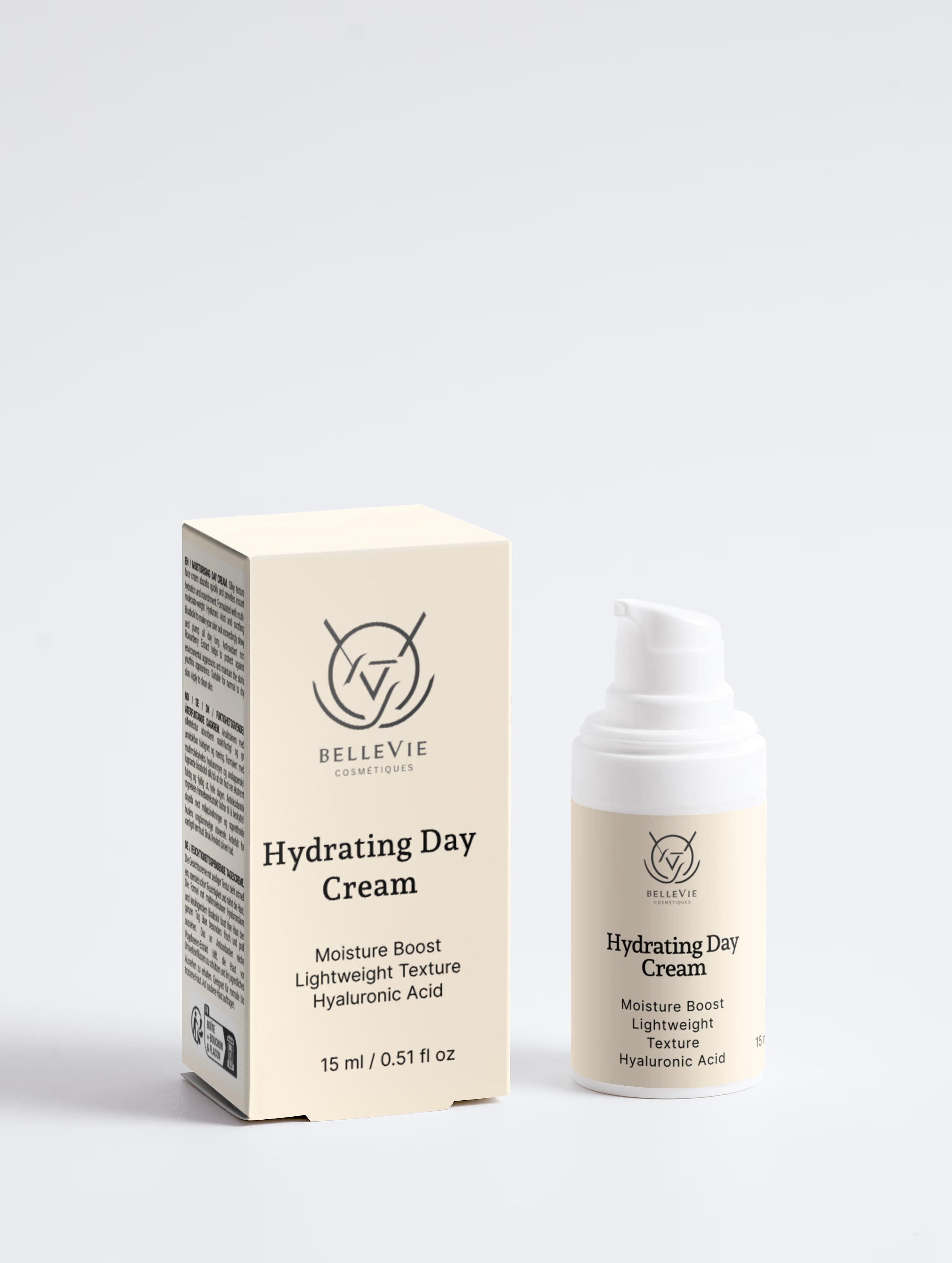 BelleVie Hydrating Day Cream 15ml pump bottle and box on light grey background, moisture boost, lightweight texture, hyaluronic acid, 15ml / 0.51 fl oz, COSMOS Natural certified