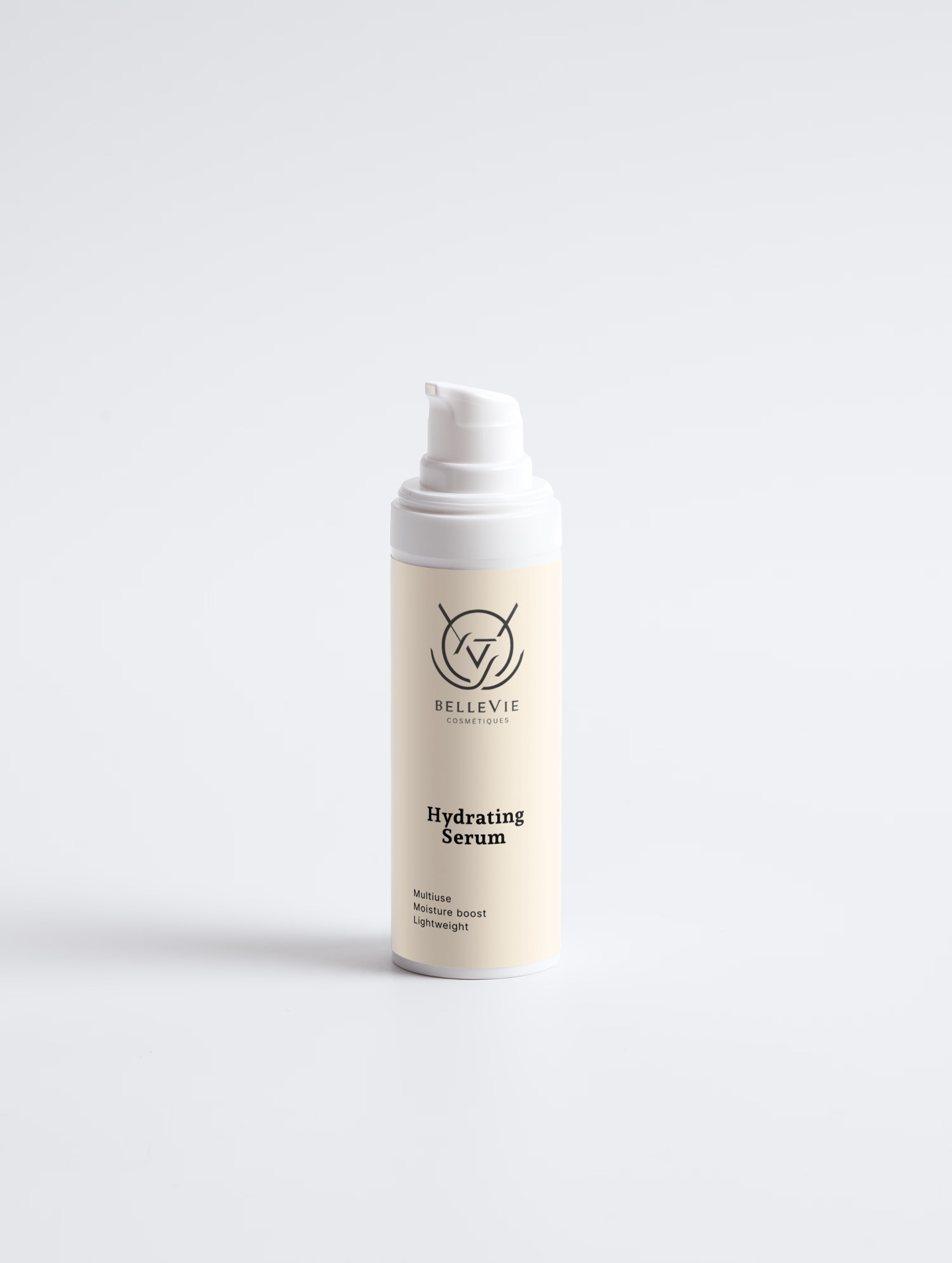 BelleVie Hydrating Serum 30ml pump bottle close-up on white background – COSMOS certified hyaluronic acid serum, vegan, EU-made, for dehydrated and sensitive skin