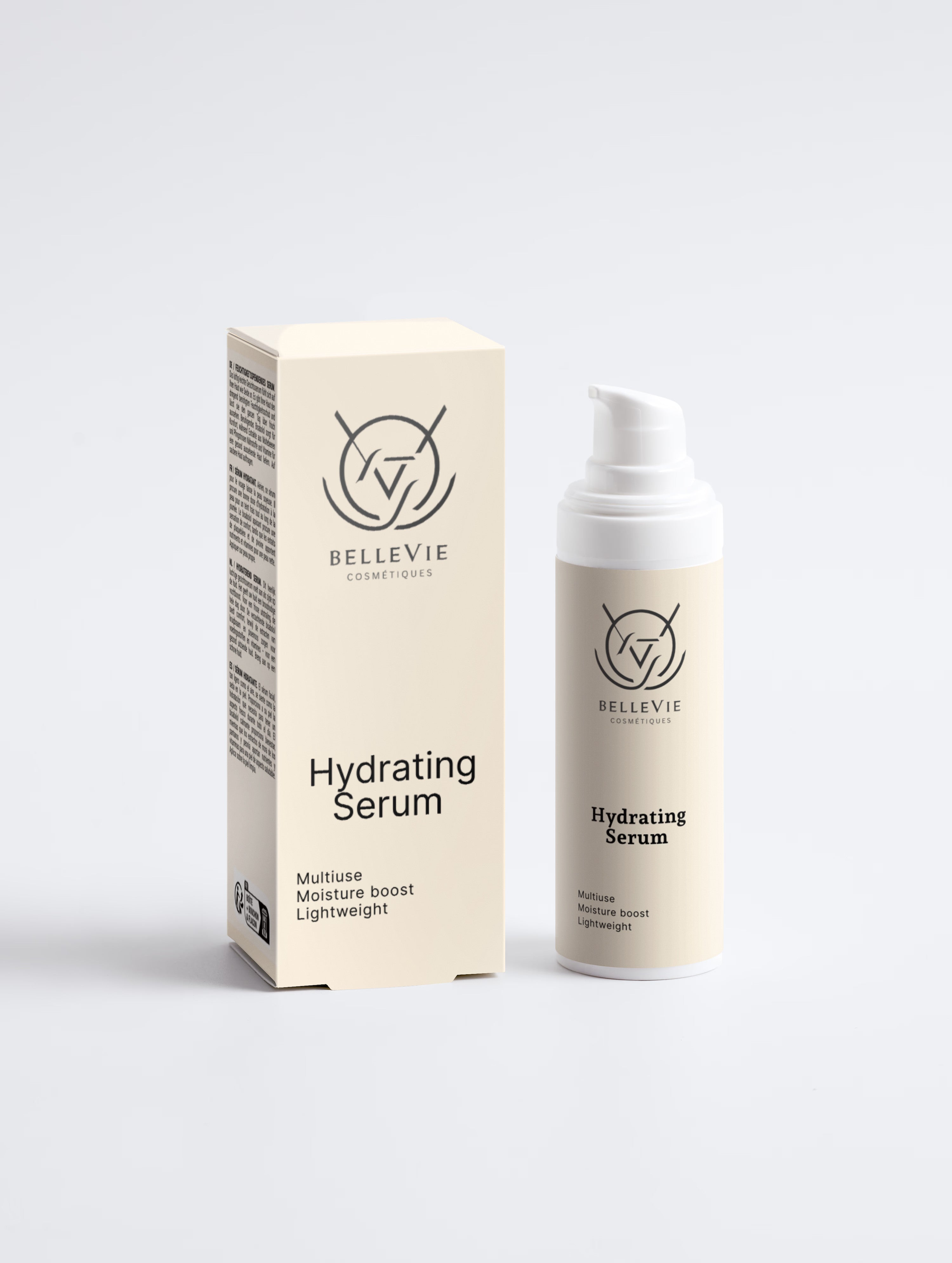 BelleVie Hydrating Serum 30ml pump bottle with box on white background – multiuse, moisture boost, lightweight – best hyaluronic acid serum for dehydrated and dry skin