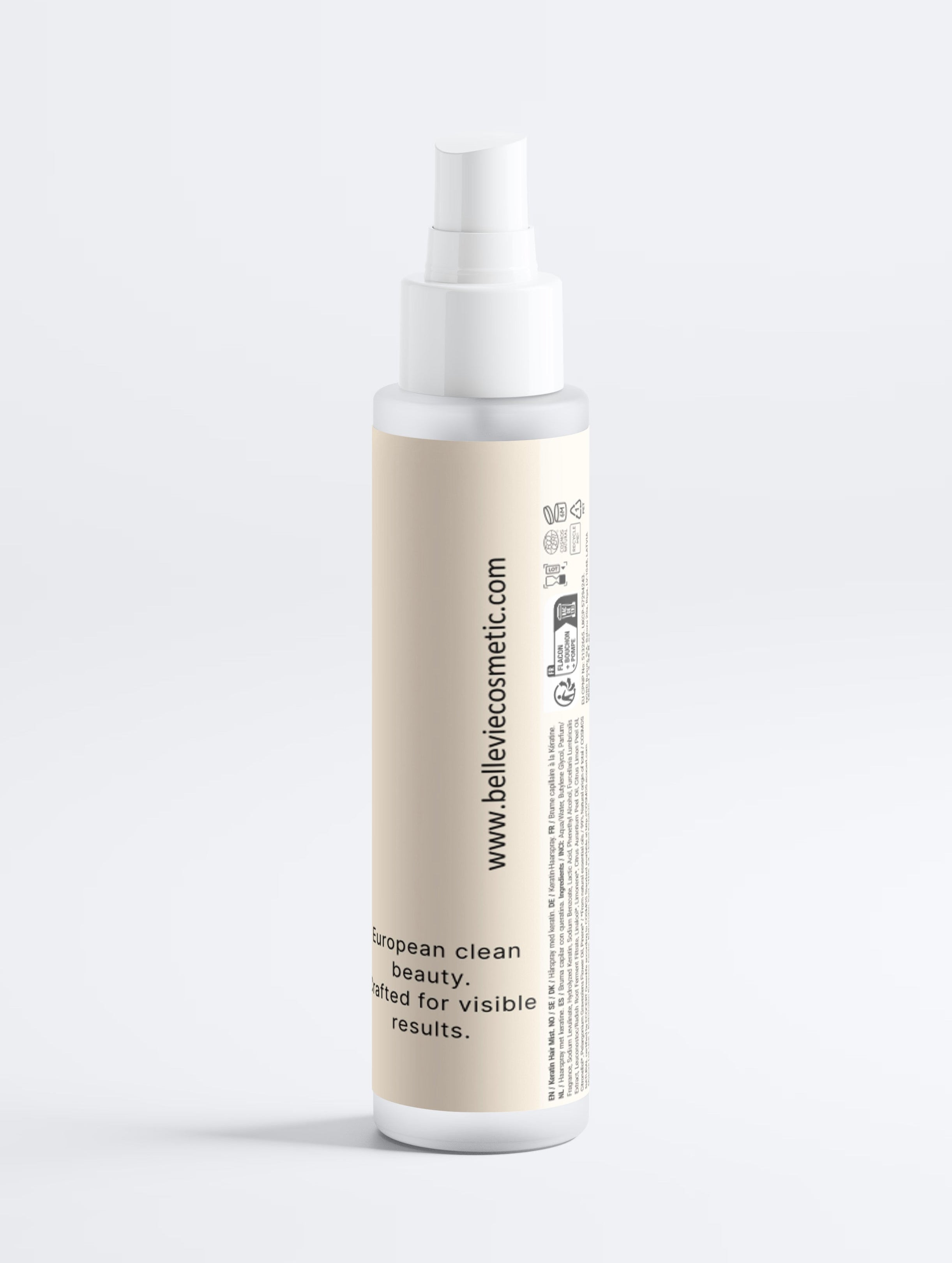 BelleVie Keratin Shine Leave-In Hair Mist 100ml spray bottle back view on light grey background showing ingredients list, European clean beauty, crafted for visible results, belleviecosmetic.com, COSMOS Natural certified, 100ml / 3.38 fl oz