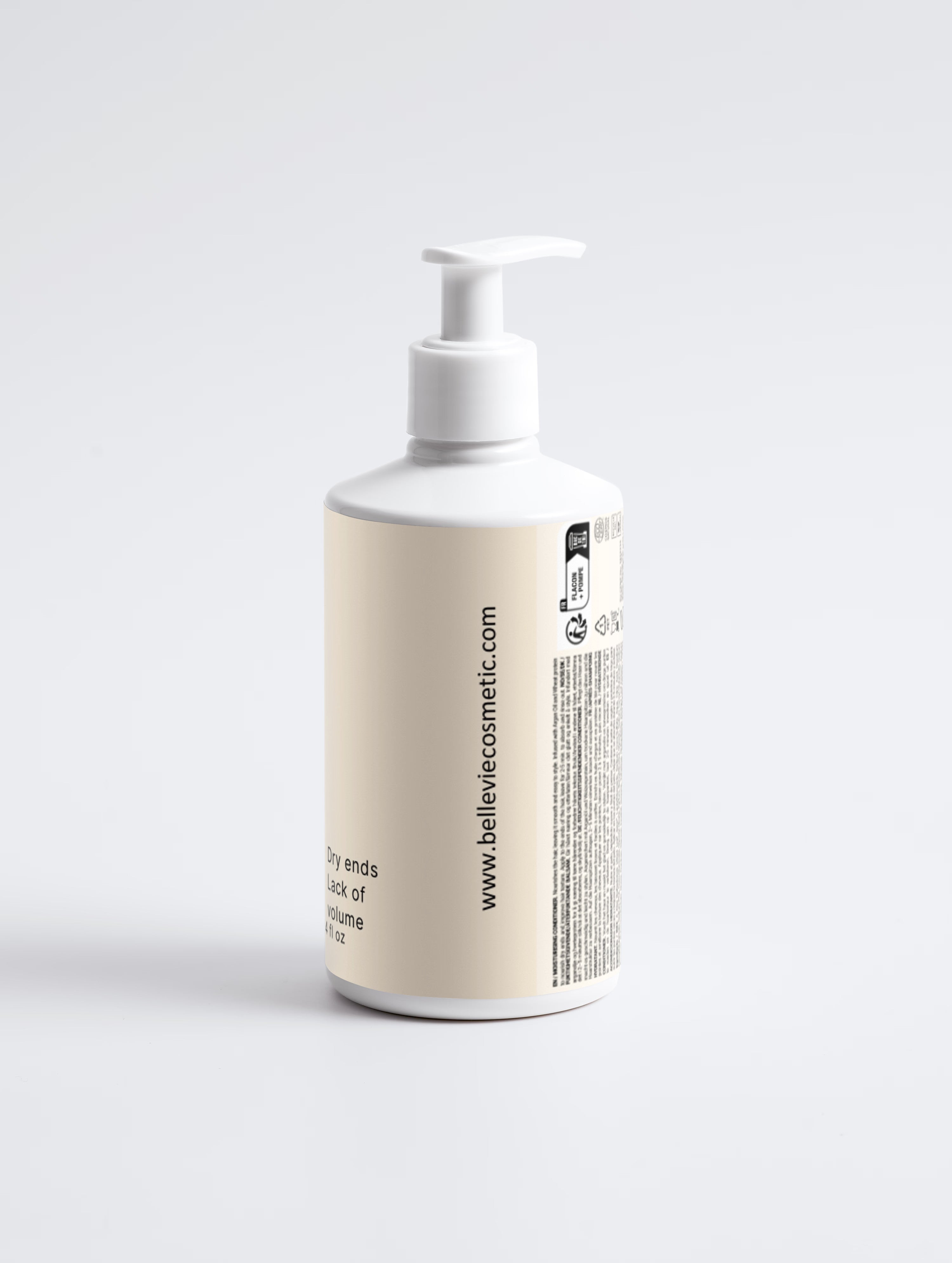 BelleVie Moisturising Conditioner 300ml back of bottle on white background showing ingredients list and belleviecosmetic.com, dry ends, lack of volume, COSMOS Natural certified, EU-made, 300ml / 10.14 fl oz
