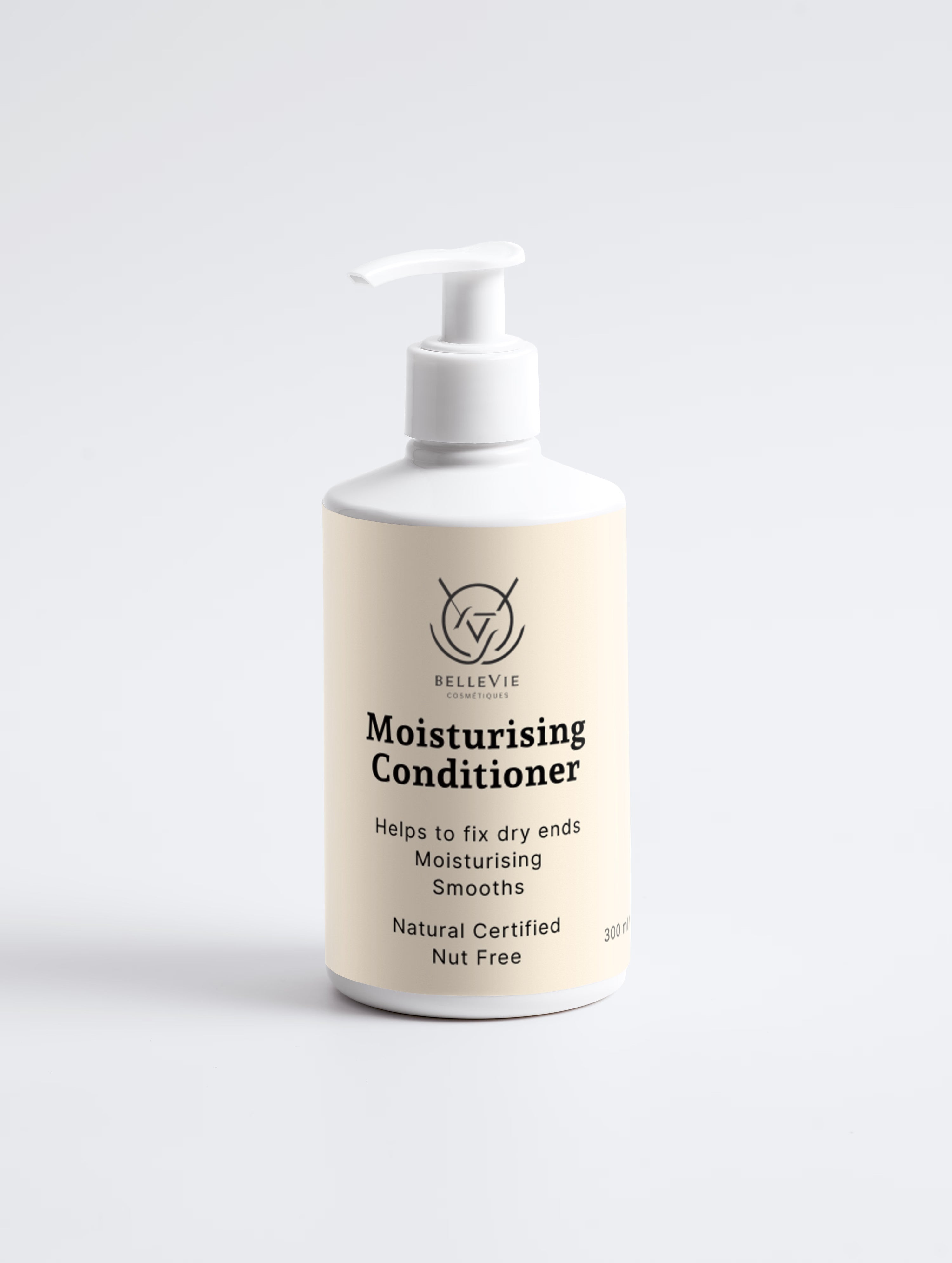 BelleVie Moisturising Conditioner 300ml white pump bottle on white background, helps fix dry ends, moisturising, smooths, natural certified, nut free, argan oil and wheat protein conditioner