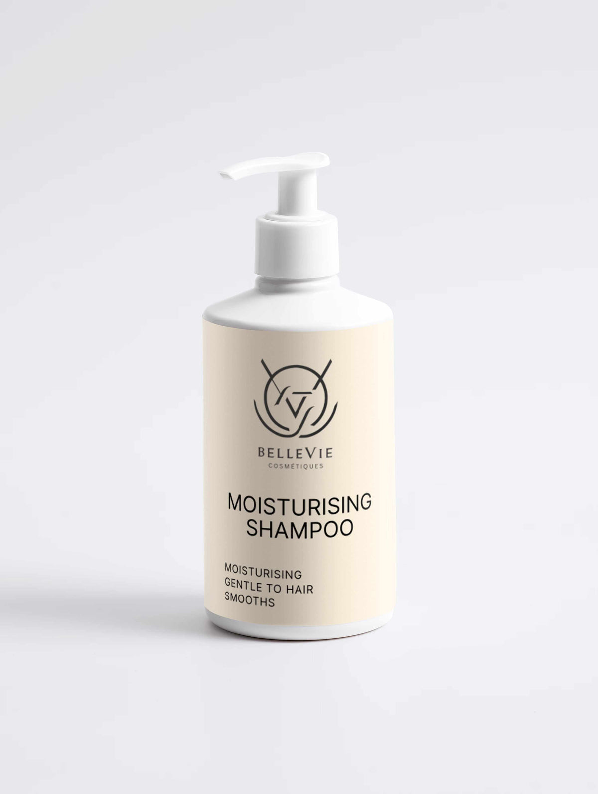 Moisturising Shampoo in a cream-coloured plastic pump bottle with a white dispenser and black label text.