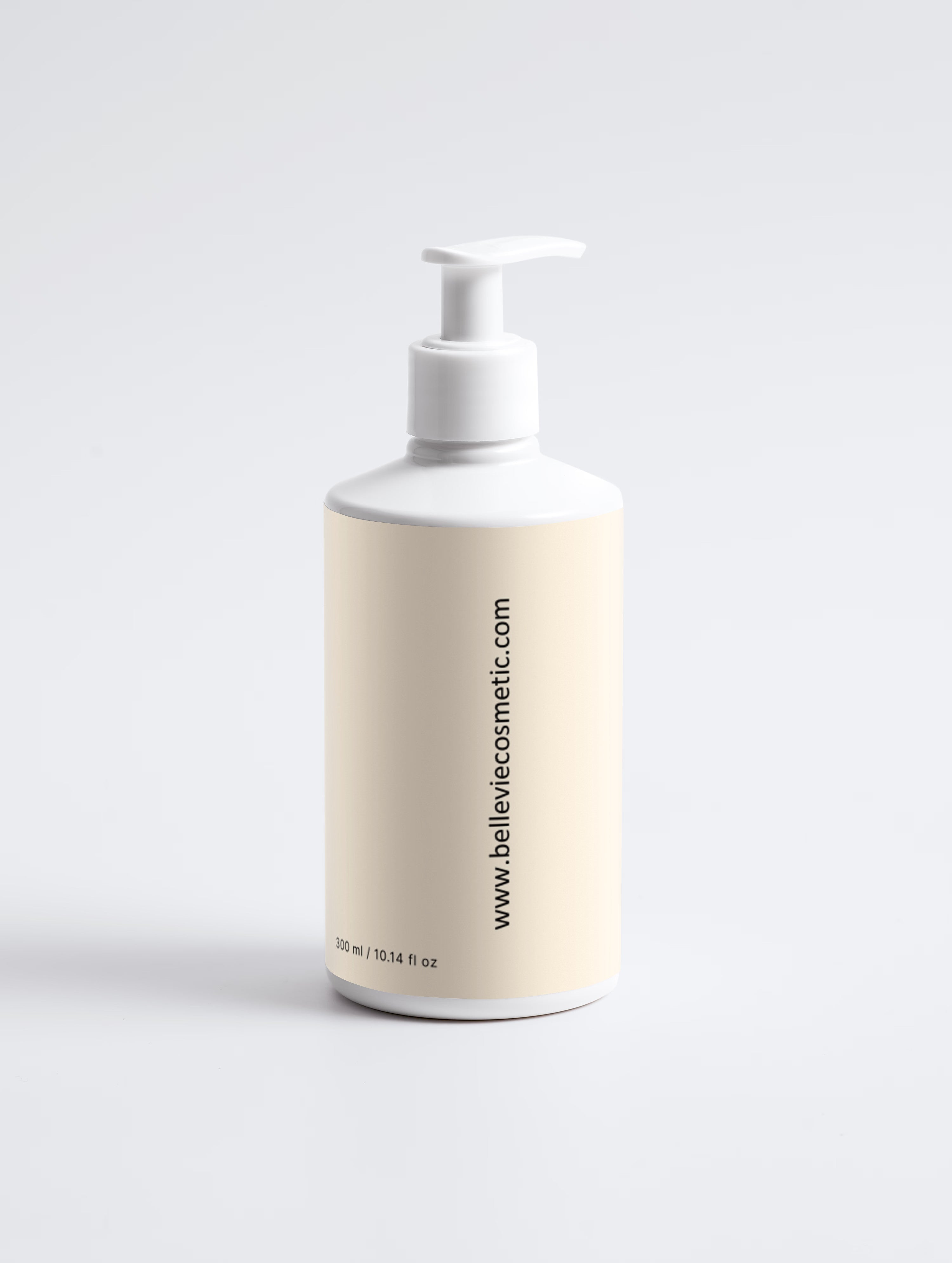 BelleVie Moisturising Shampoo 300ml back of bottle on white background showing belleviecosmetic.com and 300ml / 10.14 fl oz, sulfate-free, vegan, EU-made