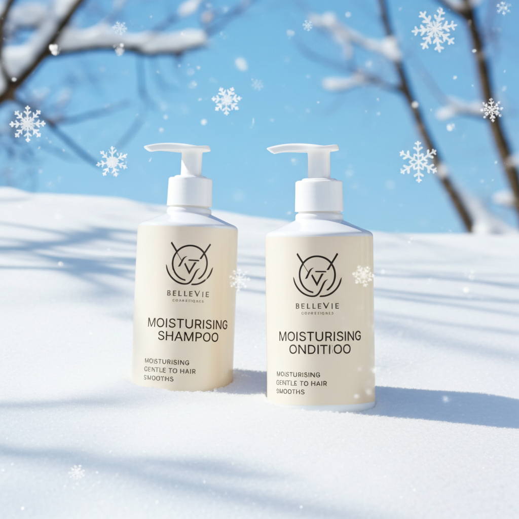 BelleVie Moisturising Shampoo and Conditioner 300ml two white pump bottles standing in snow with snowflakes and snowy tree branches on blue sky background, best hair gift set UK