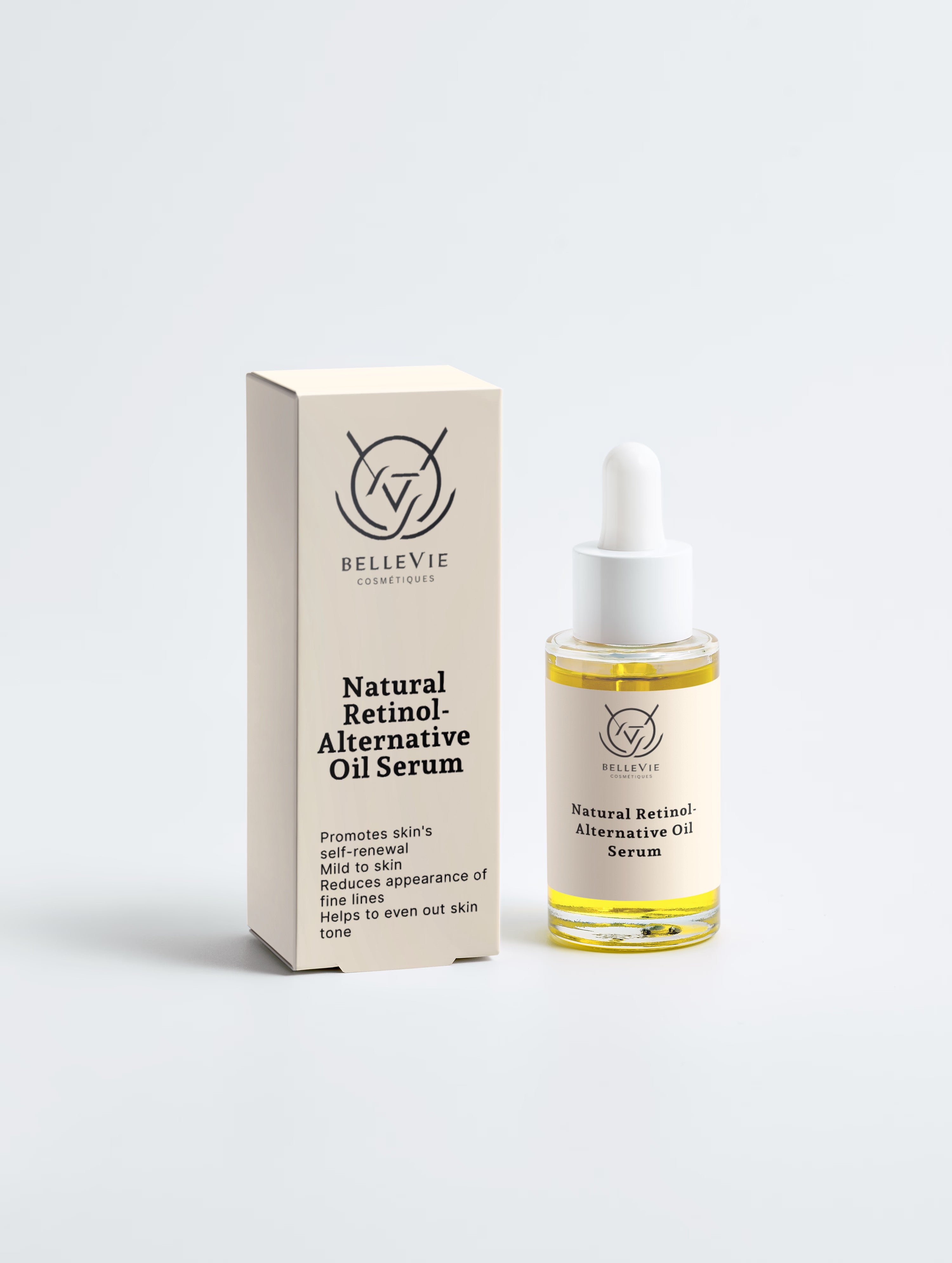 BelleVie Natural Retinol-Alternative Oil Serum 30ml yellow dropper bottle and cream box on light grey background, promotes skin self-renewal, mild to skin, reduces appearance of fine lines, bakuchiol, 30ml