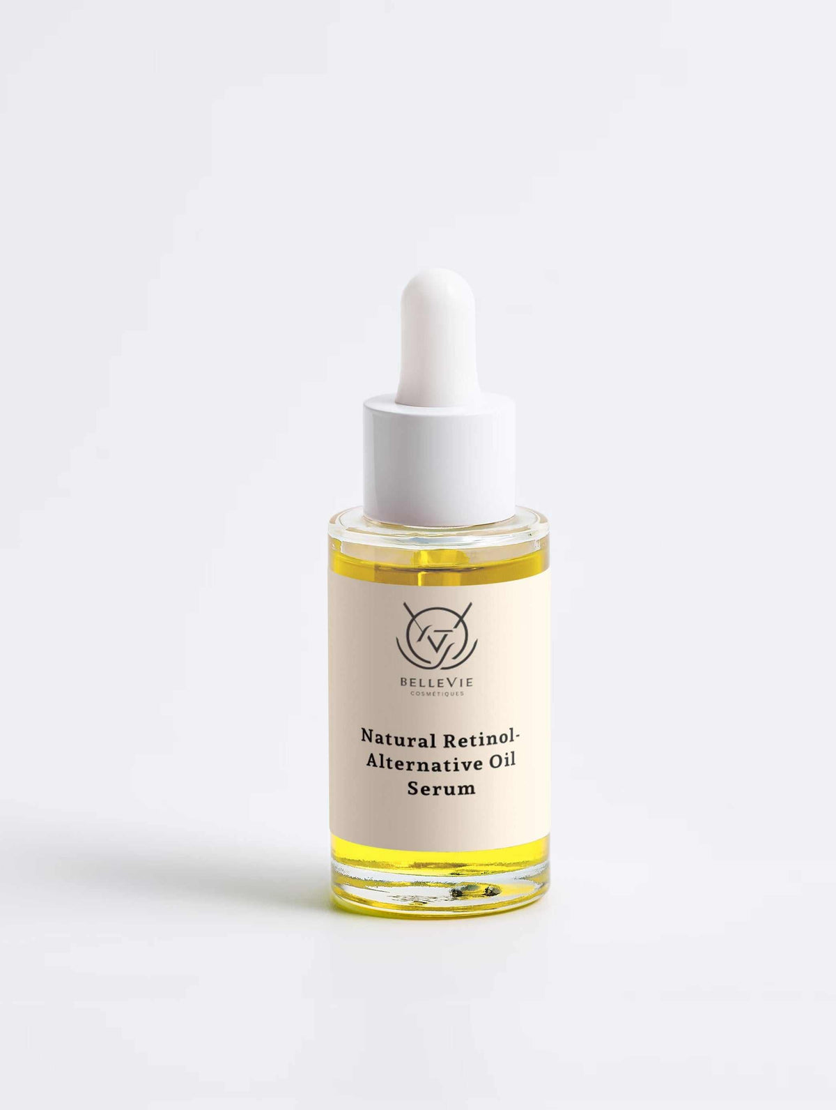 BelleVie Natural Retinol-Alternative Oil Serum 30ml yellow dropper bottle close-up on white background, bakuchiol retinol alternative, promotes skin self-renewal, mild to skin, best retinol alternative for sensitive skin, 30ml