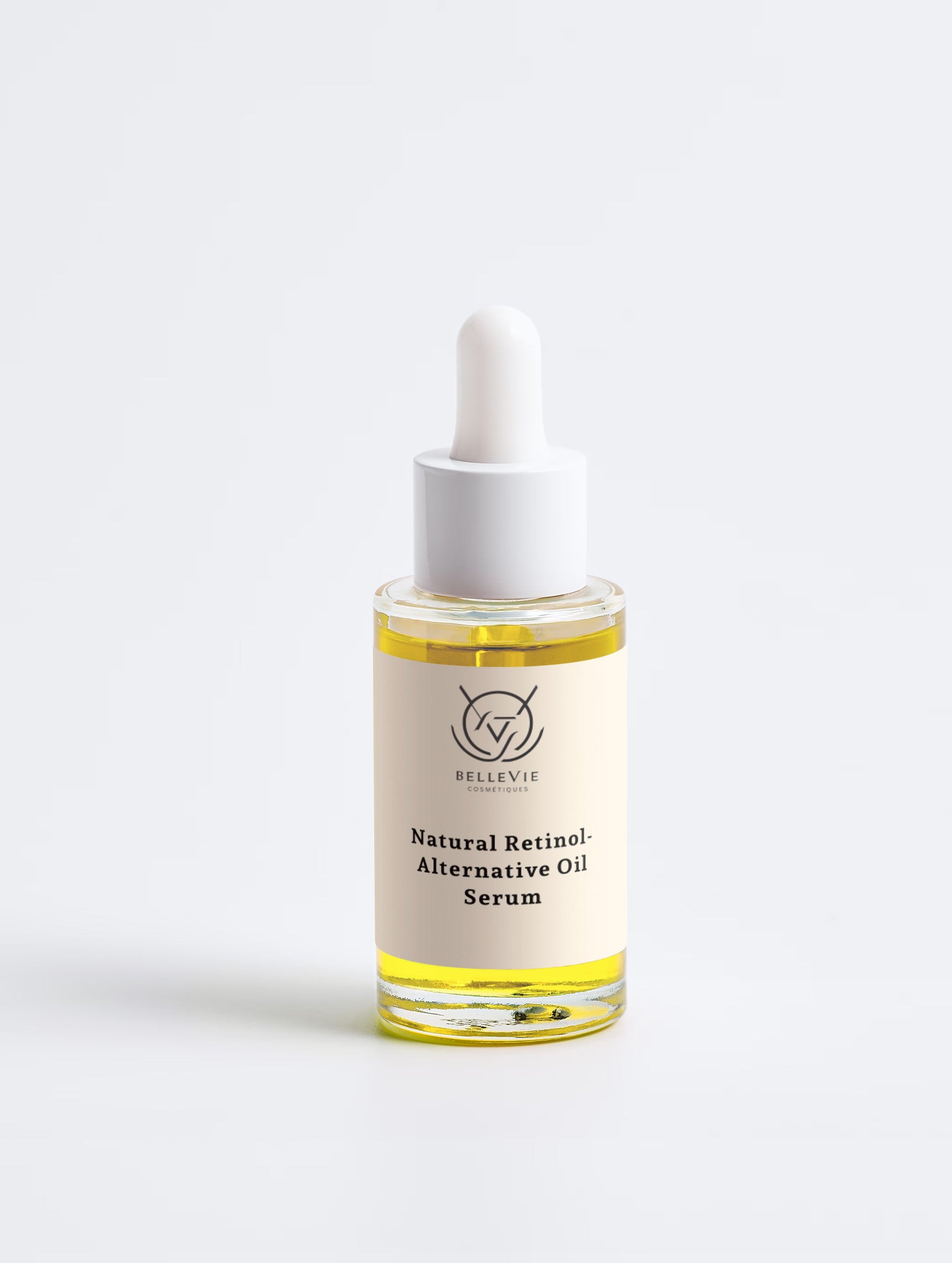 BelleVie Natural Retinol-Alternative Oil Serum 30ml yellow dropper bottle close-up on white background, bakuchiol retinol alternative, promotes skin self-renewal, mild to skin, best retinol alternative for sensitive skin, 30ml