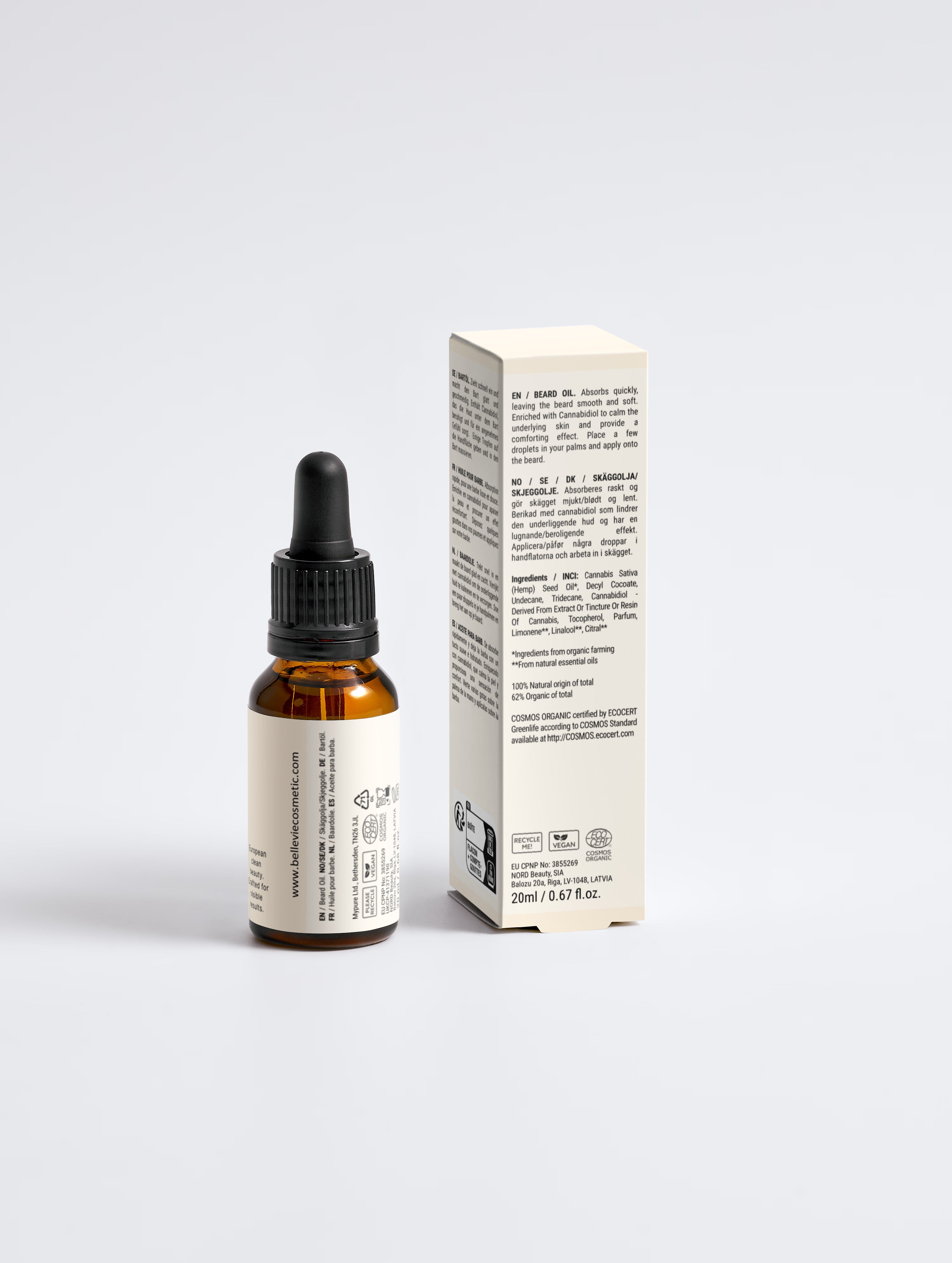 BelleVie Nourishing Beard Oil 20ml amber dropper bottle and white box back view on light grey background showing full ingredients list, 100% natural origin, COSMOS Organic certified by ECOCERT