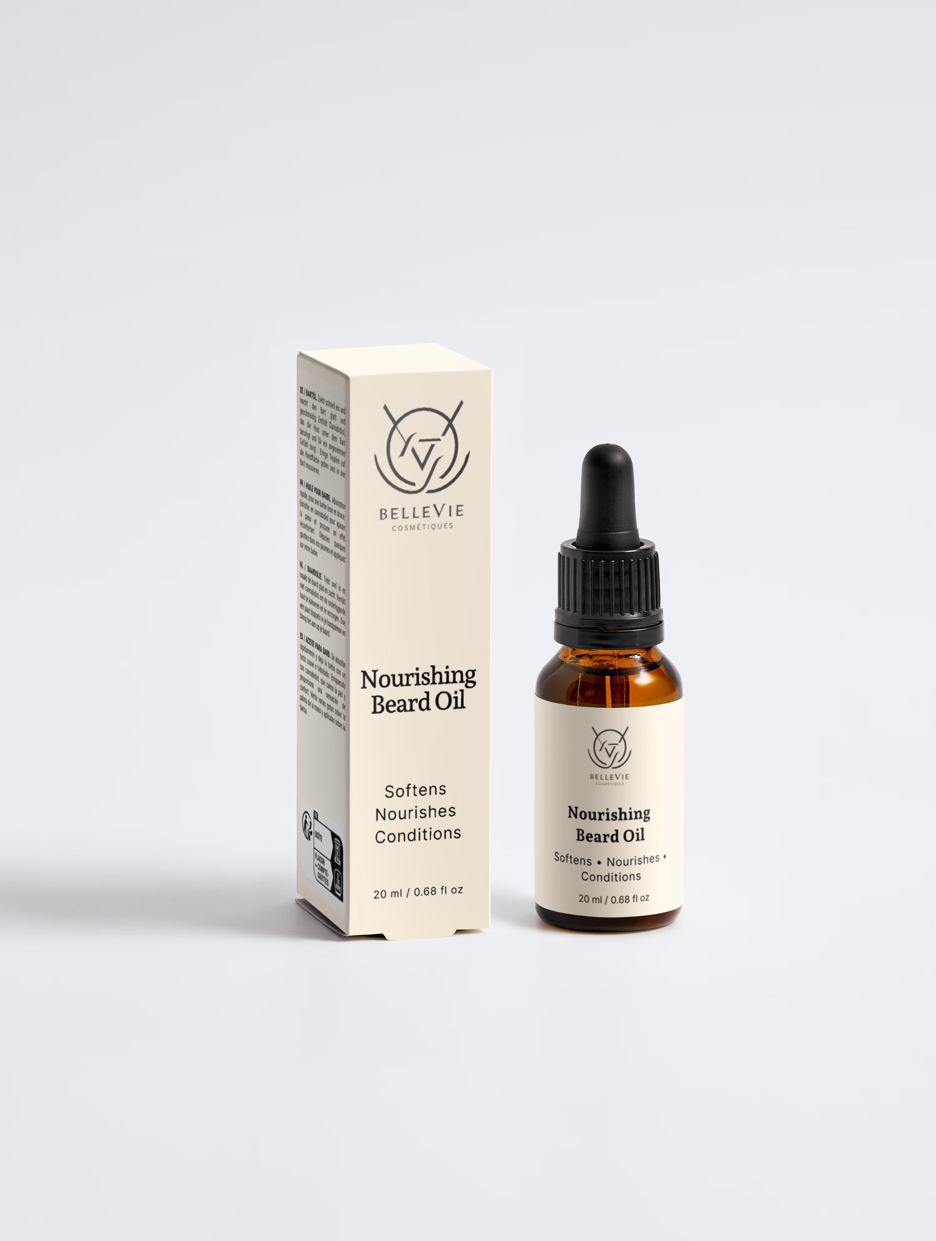 BelleVie Nourishing Beard Oil 20ml amber dropper bottle and white box on light grey background, softens, nourishes, conditions, organic hemp seed oil, COSMOS Organic certified, 20ml / 0.68 fl oz