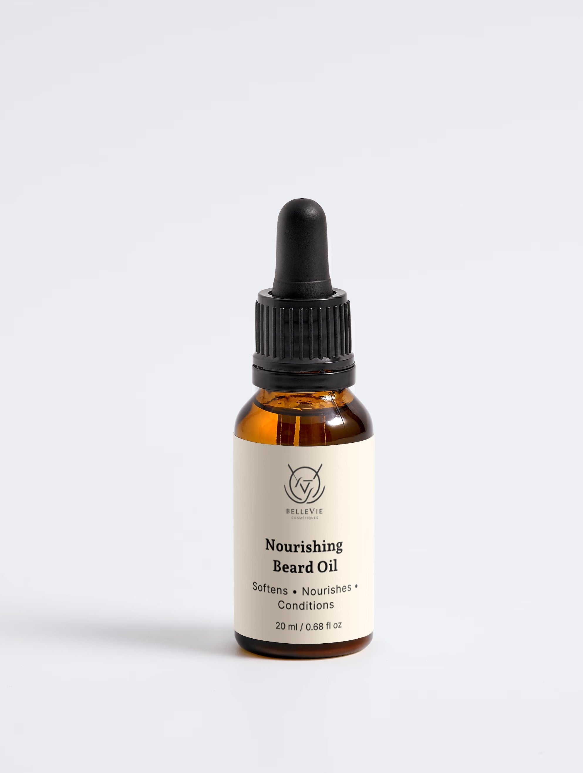 BelleVie Nourishing Beard Oil 20ml amber dropper bottle close-up on light grey background, softens, nourishes, conditions, organic hemp seed oil, best beard oil for dry and coarse beard
