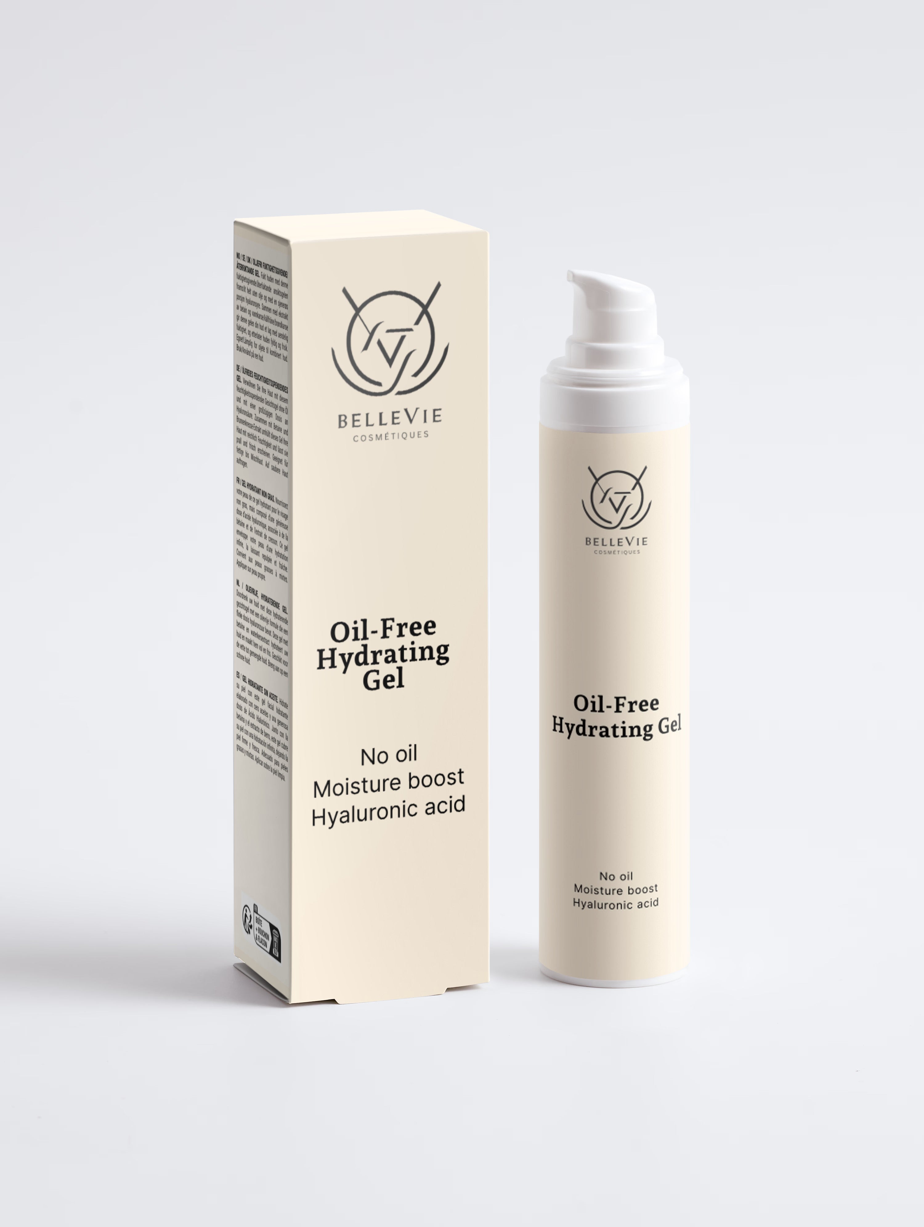 BelleVie Oil-Free Hydrating Gel 50ml back packaging showing ingredients and COSMOS Natural certification – vegan, EU-made, 50ml / 1.7 fl oz