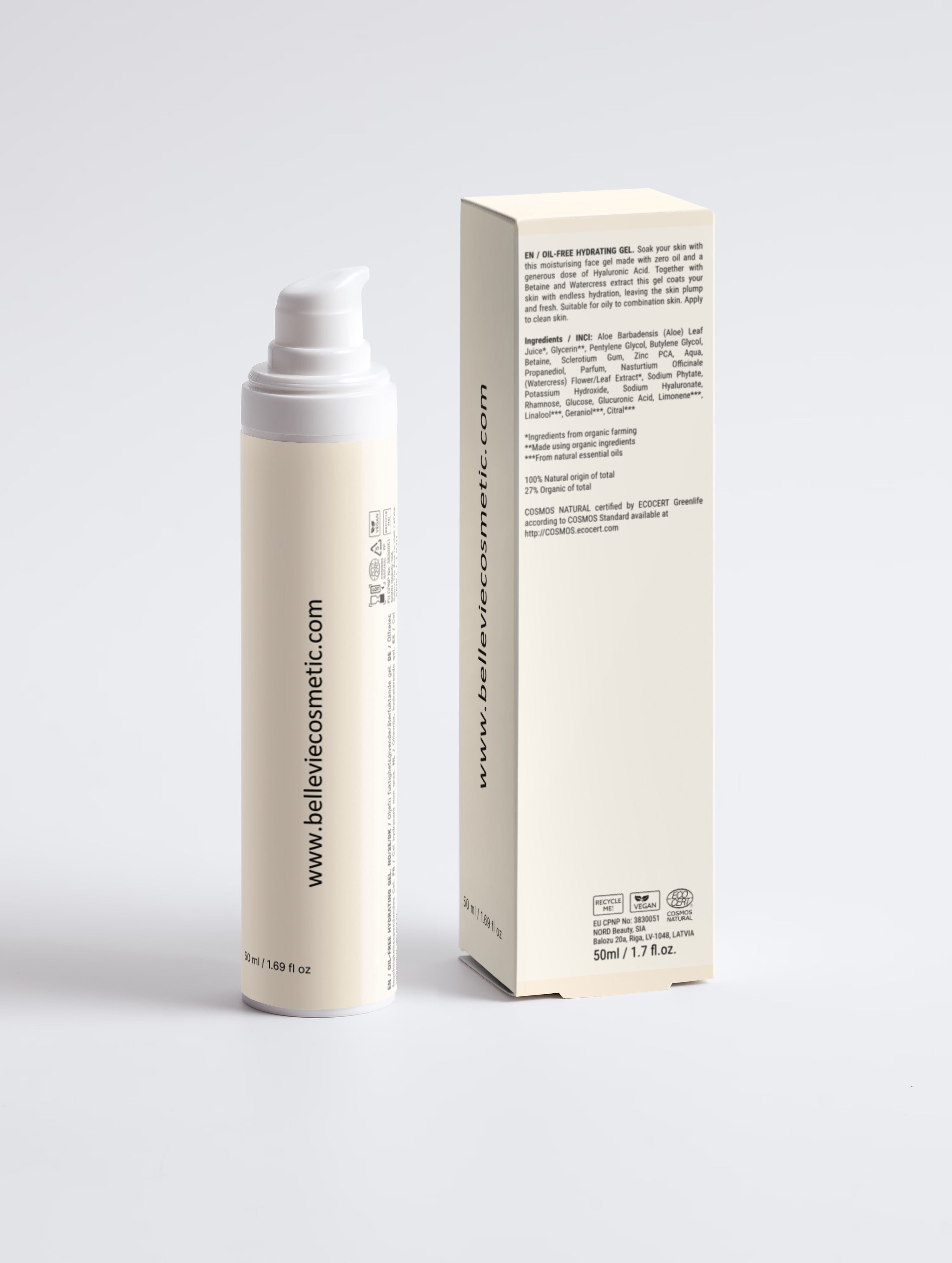 BelleVie Oil-Free Hydrating Gel 50ml pump bottle close-up on white background – best oil-free face gel for dehydrated oily and blemish-prone skin
