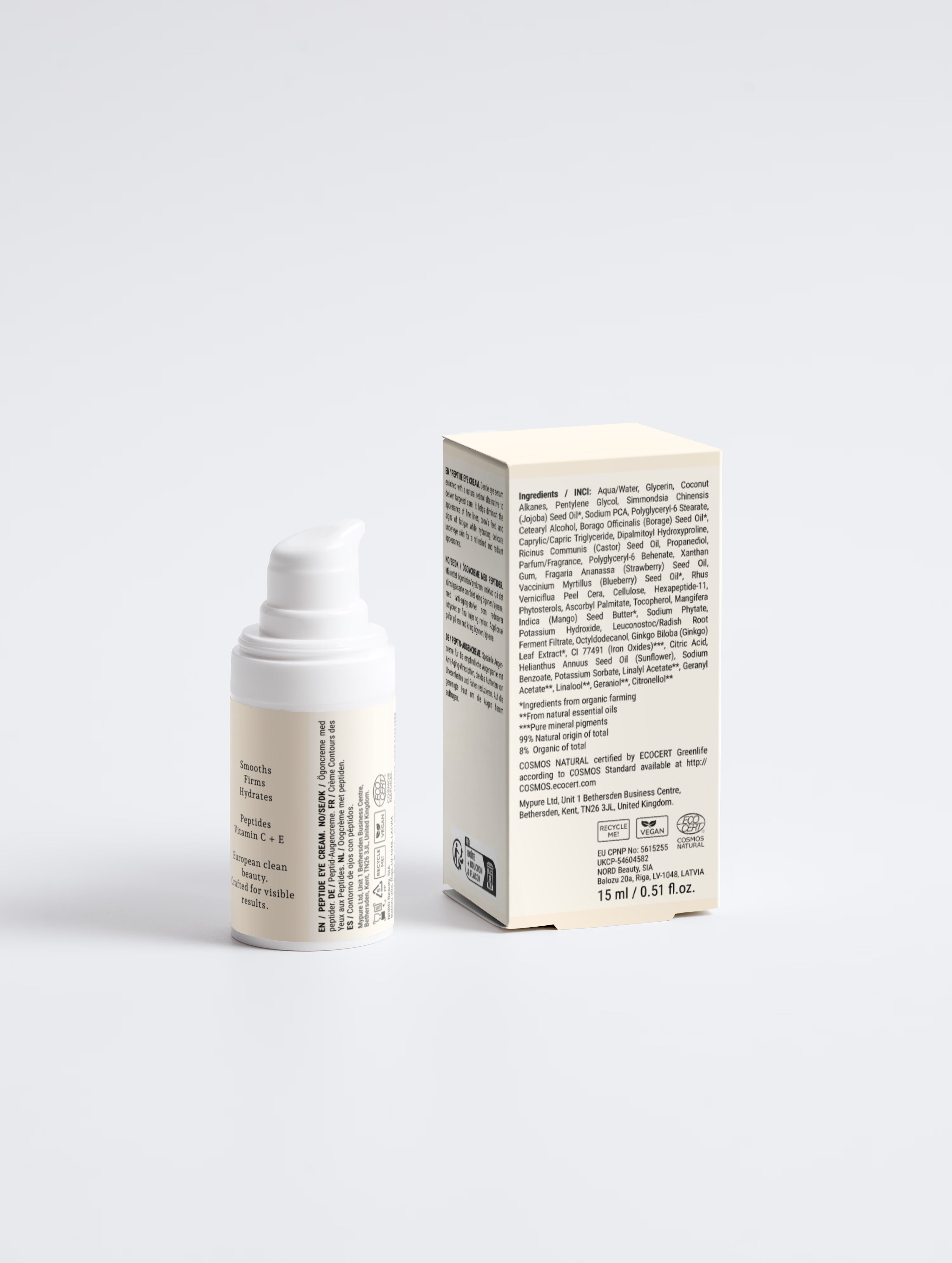 BelleVie Peptide Age-Defying Eye Cream 15ml pump bottle and box — ECOCERT COSMOS Natural certified peptide eye cream
