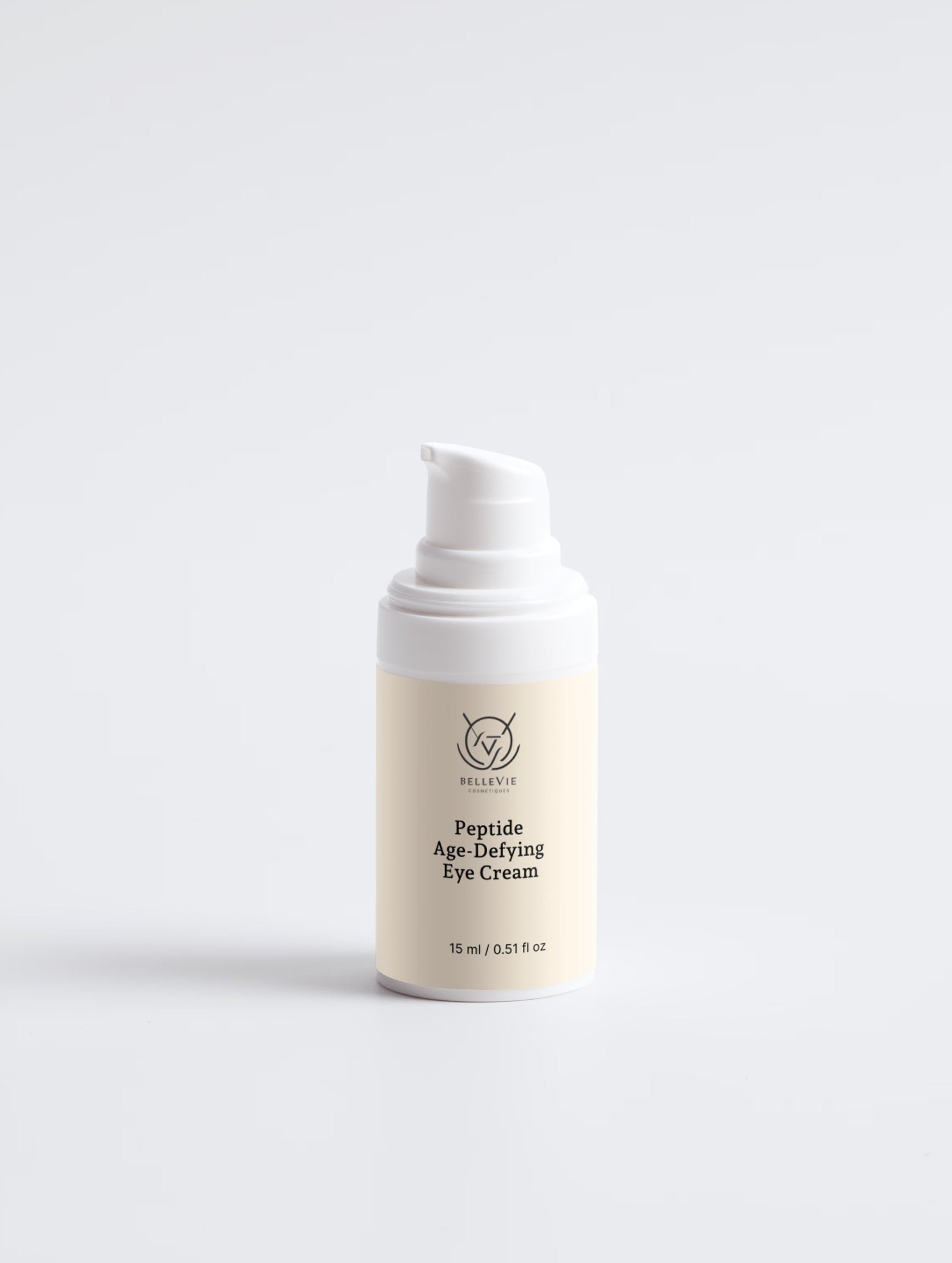 BelleVie Peptide Age-Defying Eye Cream 15ml pump bottle — lightweight eye contour cream with Hexapeptide-11 and Vitamin C
