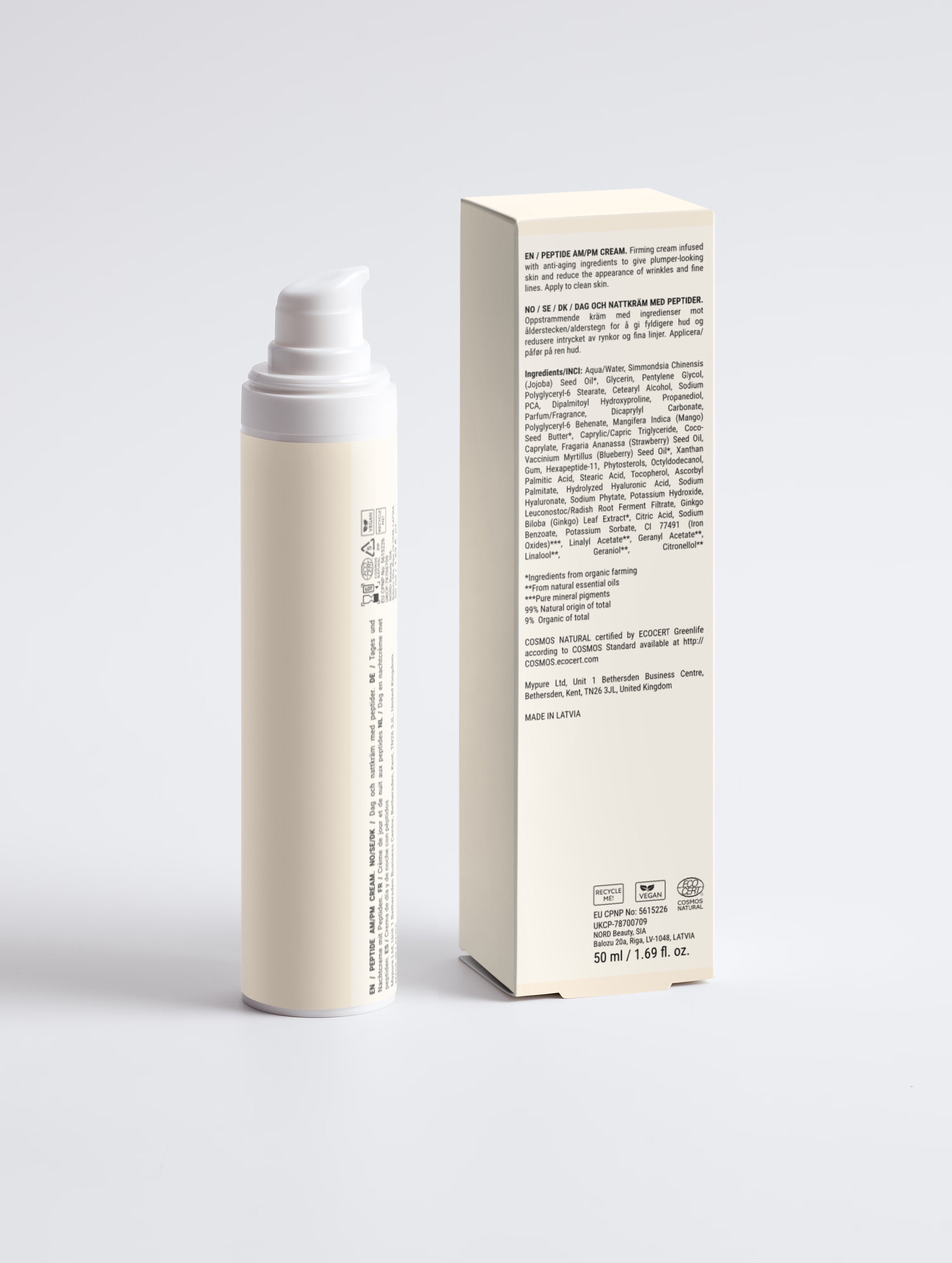 BelleVie Peptide Ageless AM/PM Face Cream 50ml with packaging box — vegan peptide firming cream with Hyaluronic Acid, EU-made
