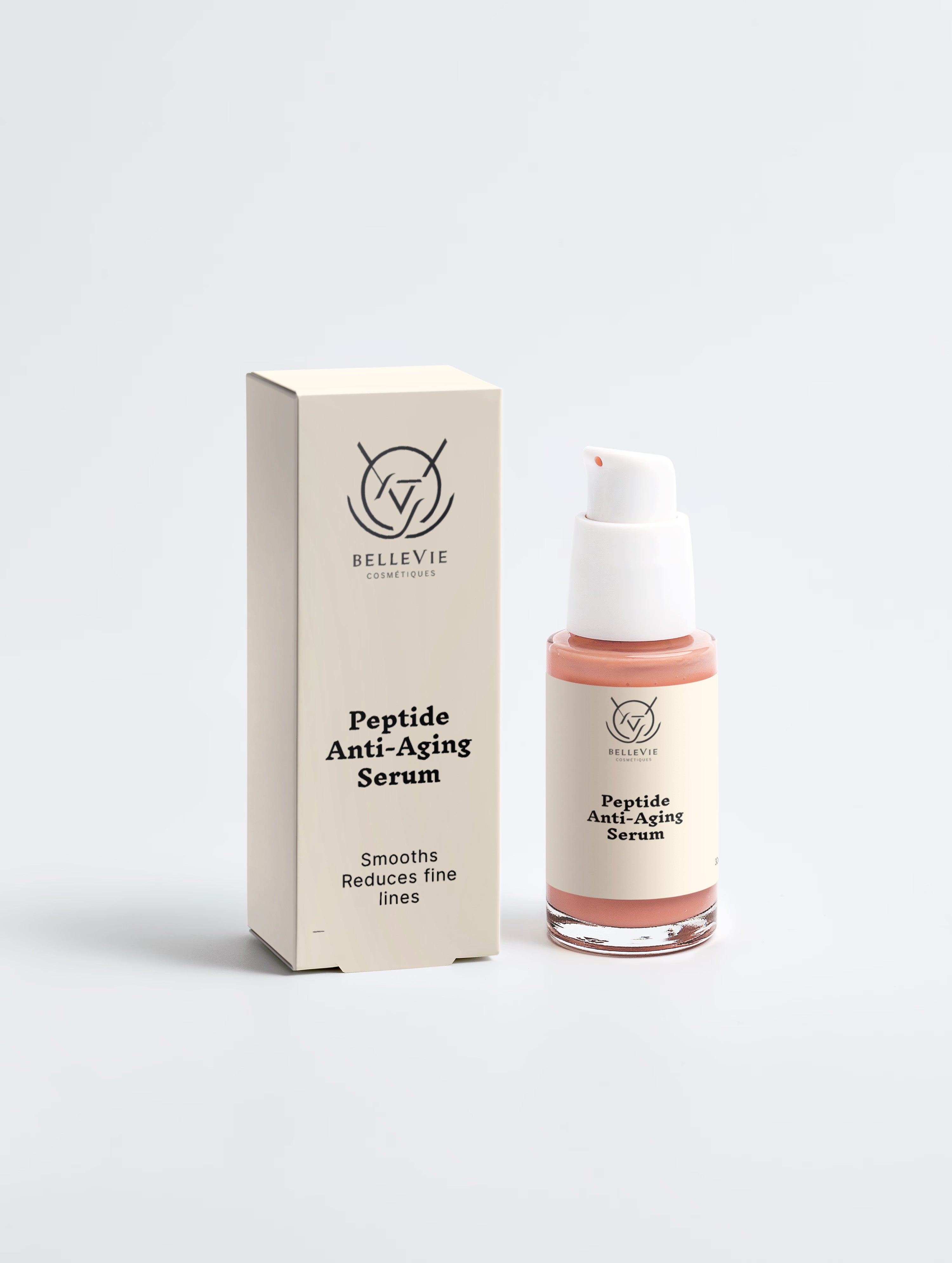 BelleVie Peptide Anti-Aging Serum 30ml pink pump bottle and cream box on light grey background, smooths, reduces fine lines, best peptide serum for mature skin, 30ml